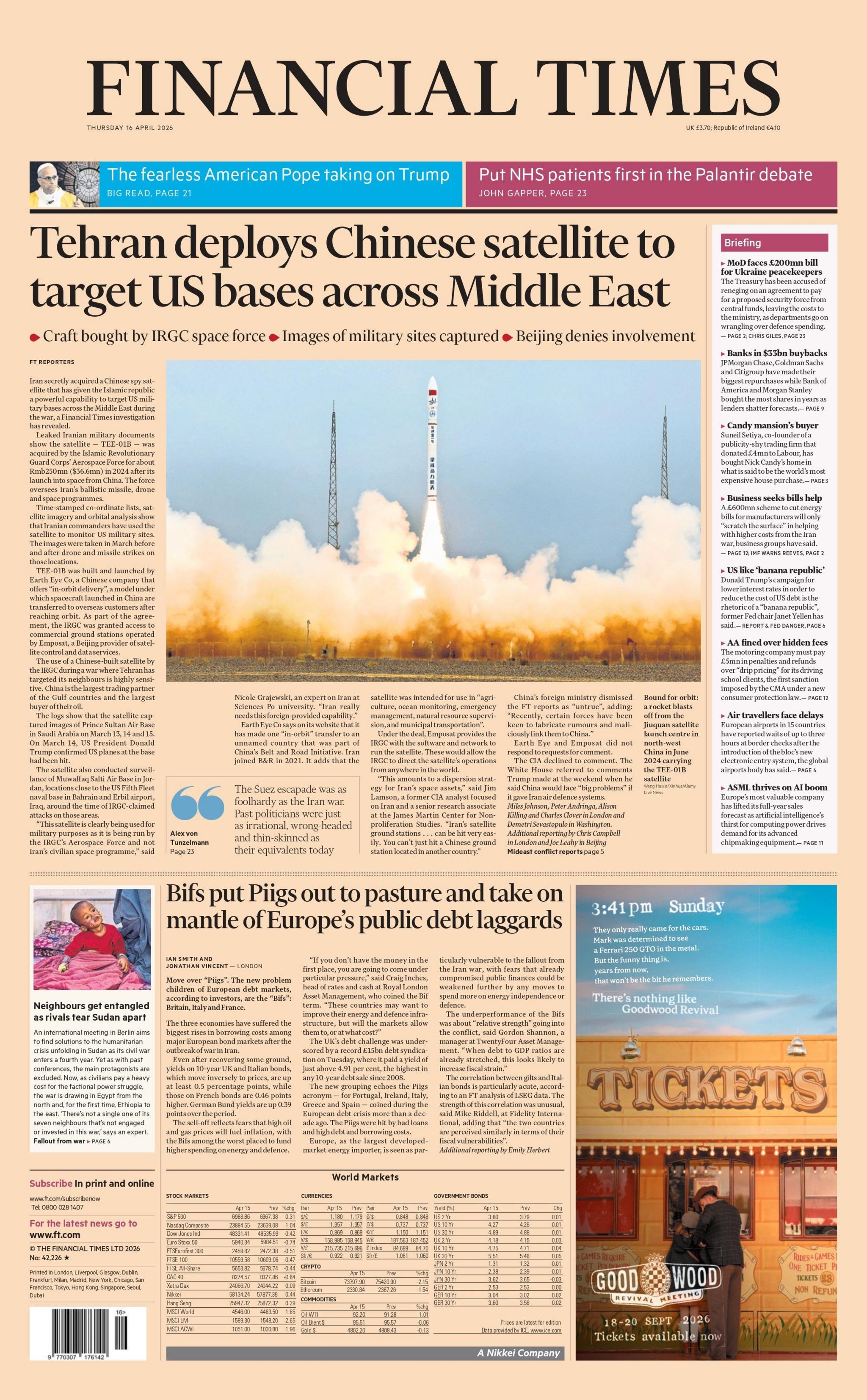 “Teherani vendos satelit kinez për të synuar bazat amerikane në të gjithë Lindjen e Mesme”, thuhet në titullin kryesor në faqen e parë të gazetës Financial Times.