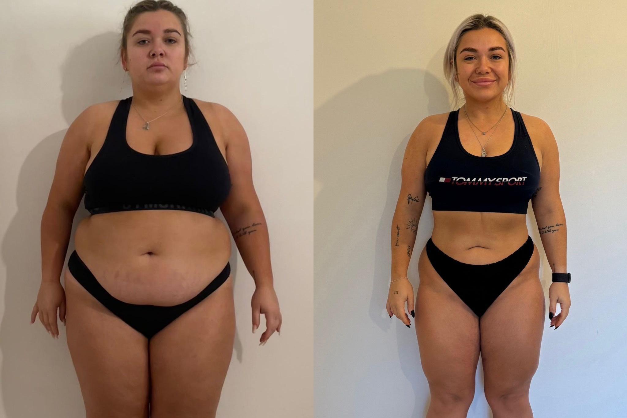 Jessie's weight loss comparison picture - her body before she gave up drinking was significantly bigger