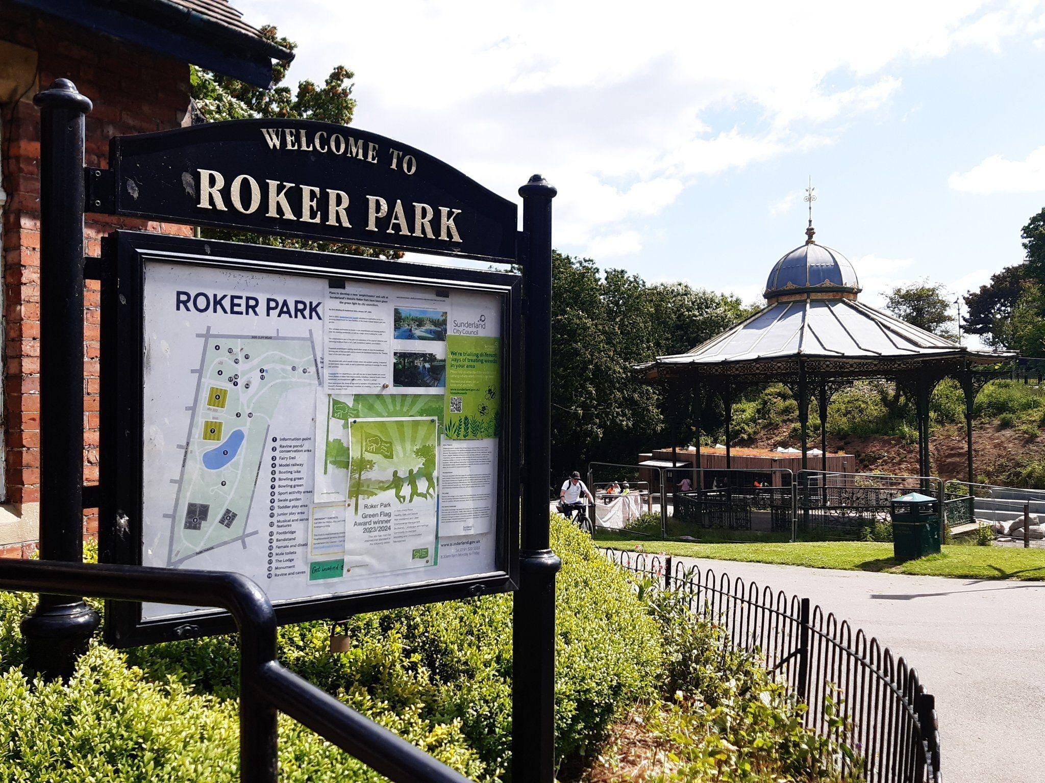 Roker Park sign with bandstand in the background