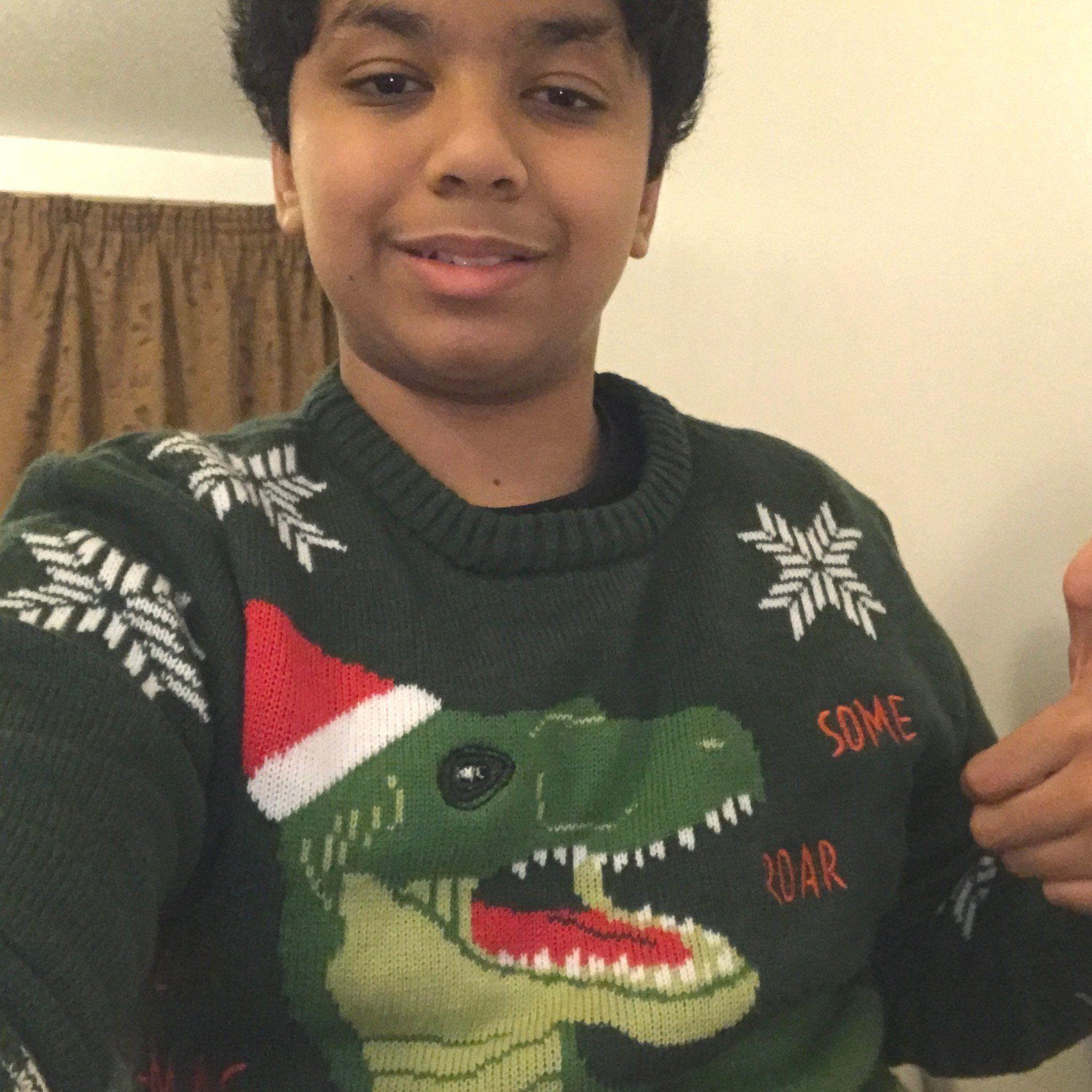boy in a dinosaur-themed Christmas jumper