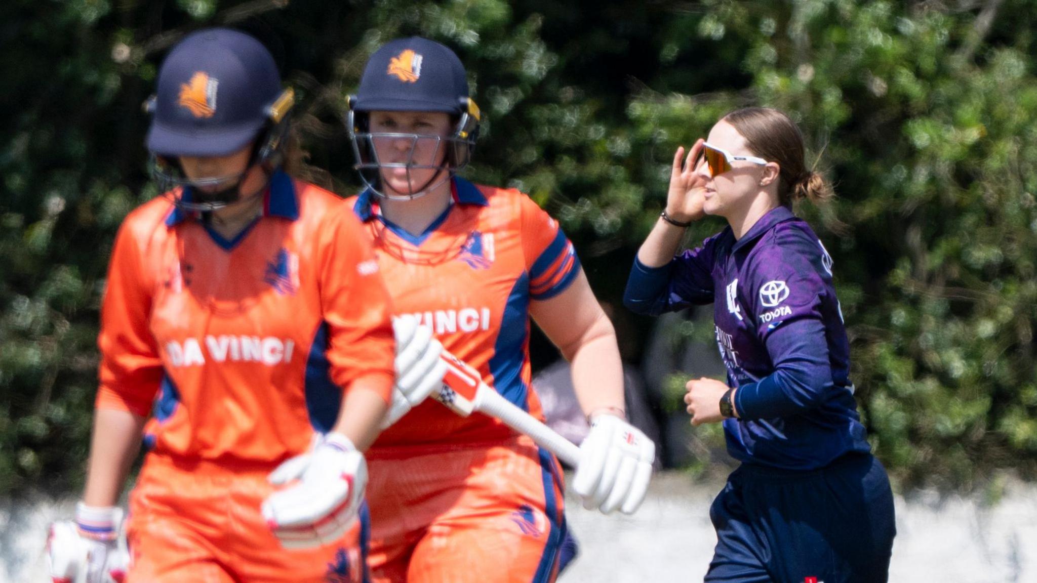 Kirstie Gordon celebrates after taking a wicket against the Netherlands