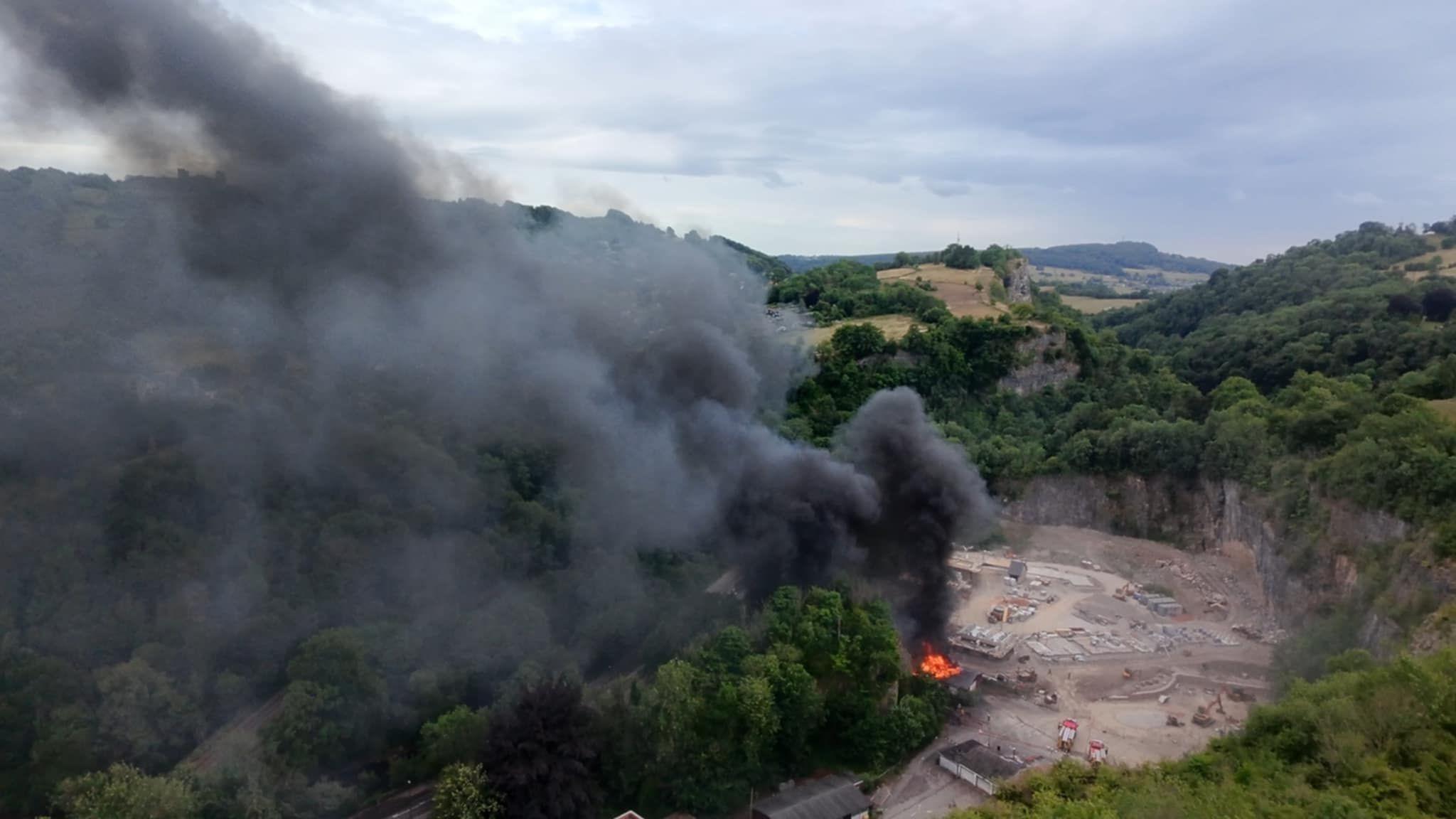 Plumes of black smoke from a fire at a former quarry in Matlock, Derbyshire