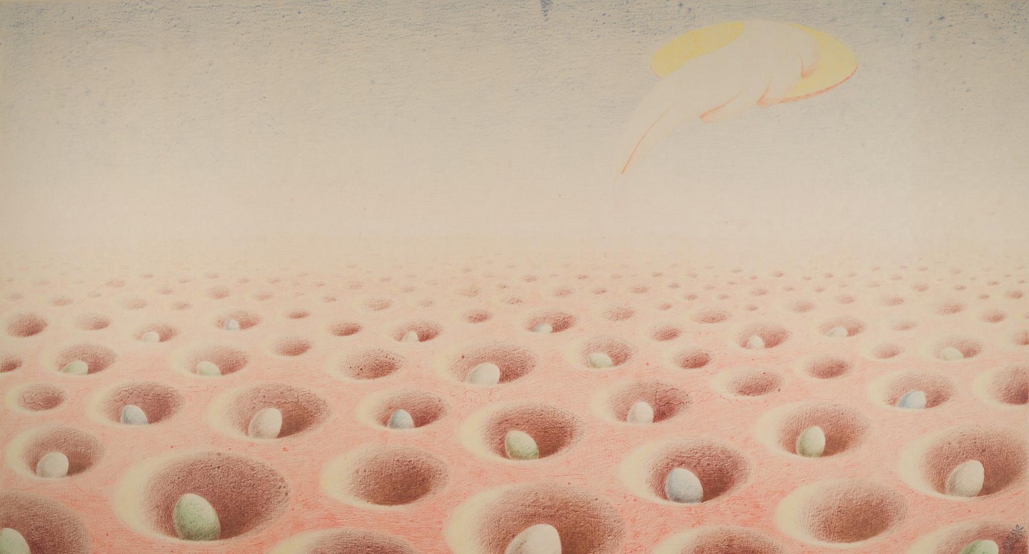 A coloured pencil piece of surrealist art showing a landscape stretching into the distance, of a flat reddish-brown, with lots of small holes, many with unhatched eggs in different colours and others empty. There is a bright sky with faint light blue and the symbol of a bright sun the corner