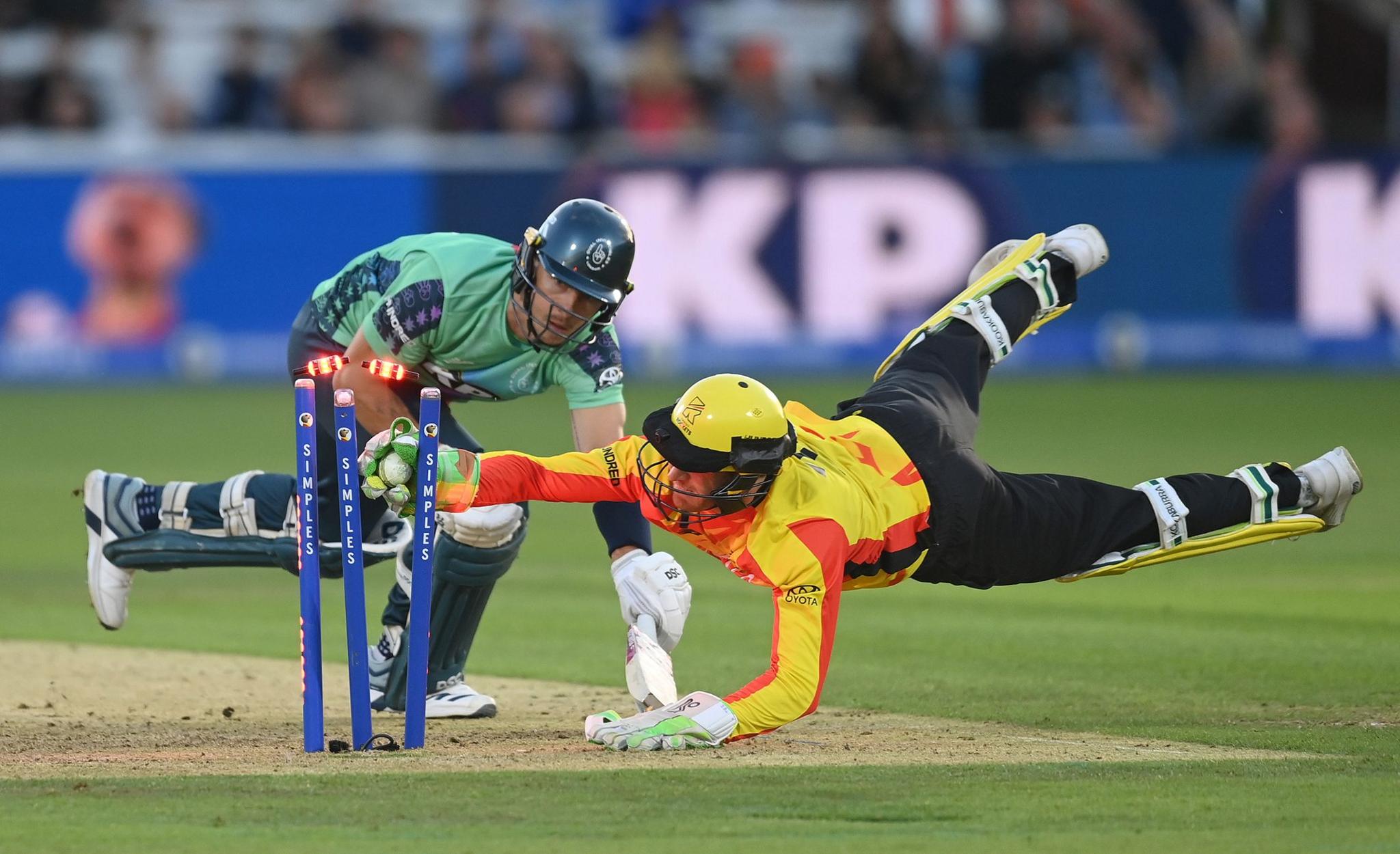 Trent Rockets' Ben Cox runs out Oval Invincibles' Tom Curran during The Hundred's Final match at Lord's Cricket Ground in London, England. Photo by Philip Brown