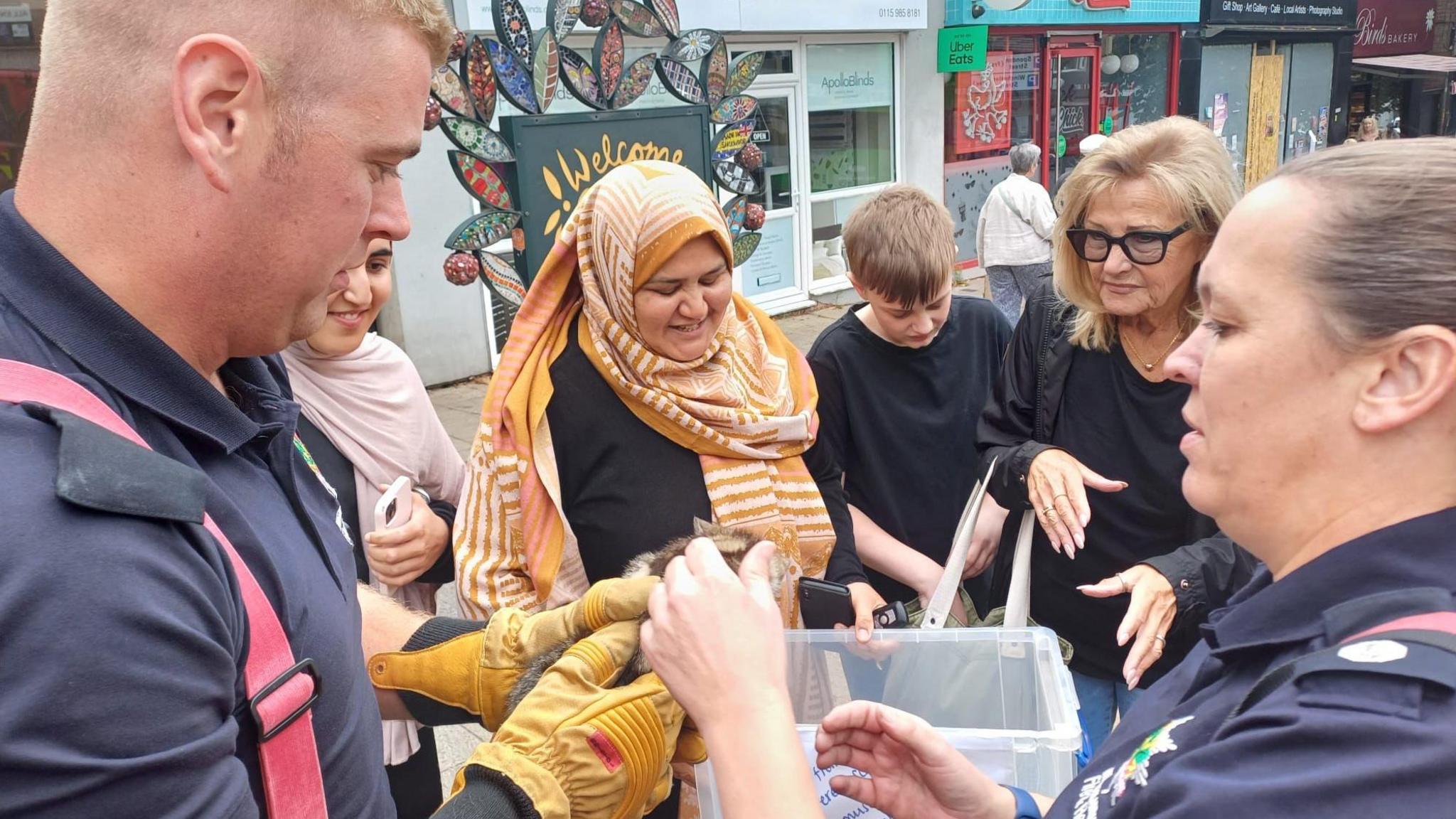 Members of the public crowd around the kitten as he is lowered into a plastic tub, which later proved to be ineffective at containing him.