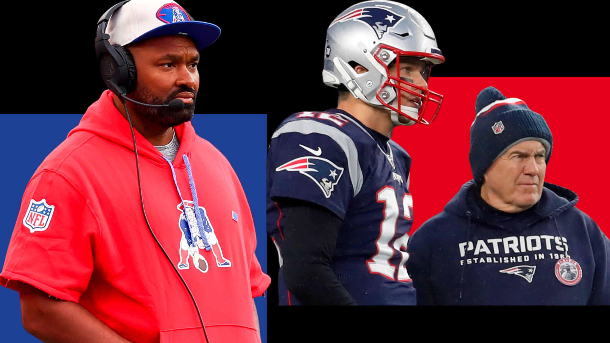 Current Patriots head coach Jerod Mayo alongside former boss Bill Belichick and quarterback Tom Brady