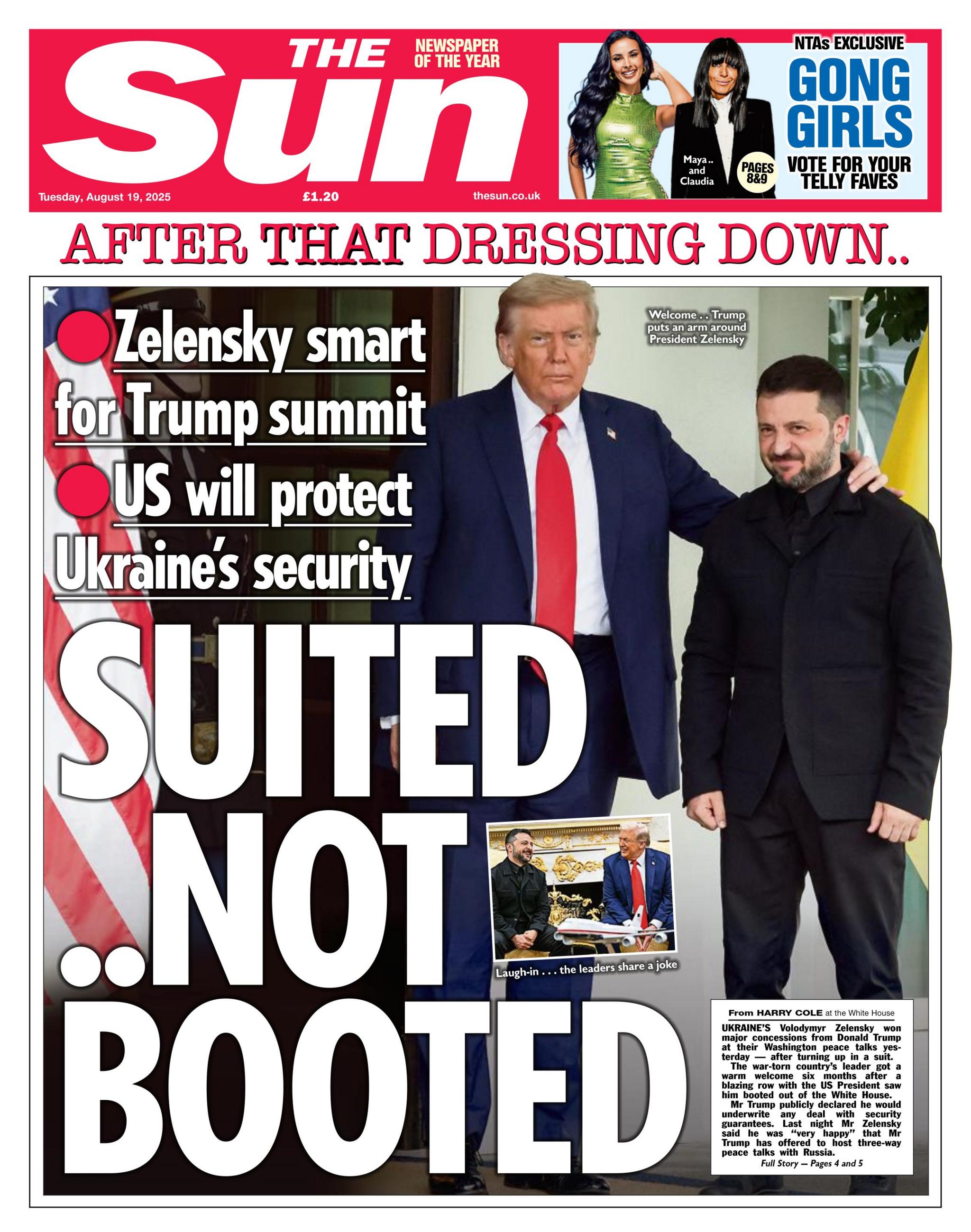 "Suited.. not booted" reads the headline on the front page of The Sun.