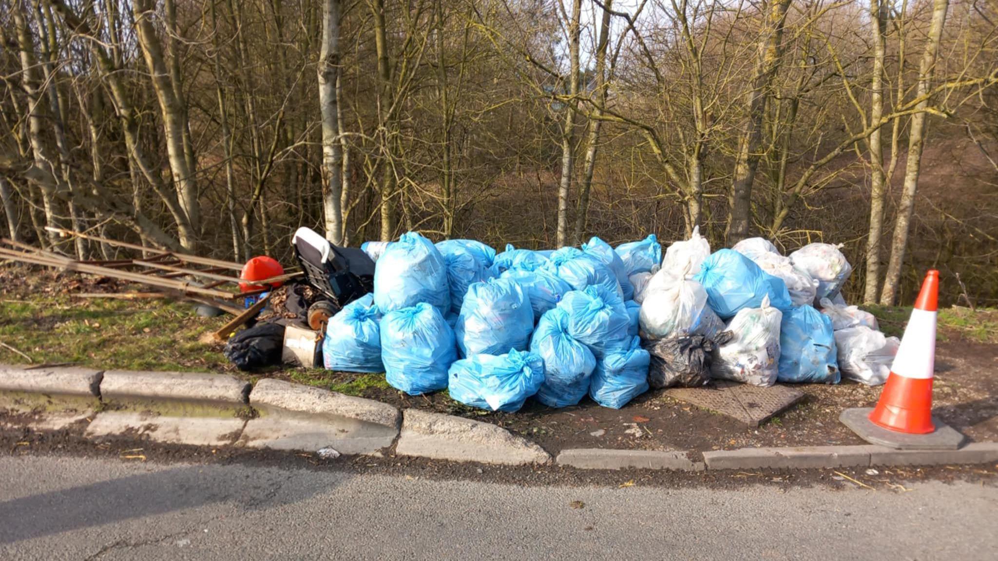 A large pile of rubbish bags by the road 