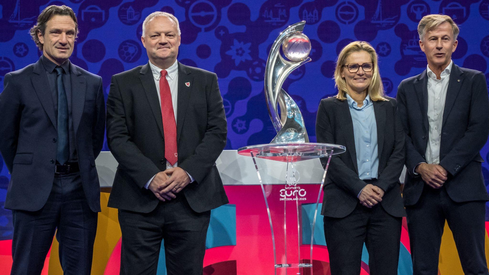 Group D coaches (L-R) Laurent Bonadei, head coach of France, Jon Grey, assistant coach of Wales, Sarina Wiegman, head coach of England and Andries Jonker, head coach of Netherlands