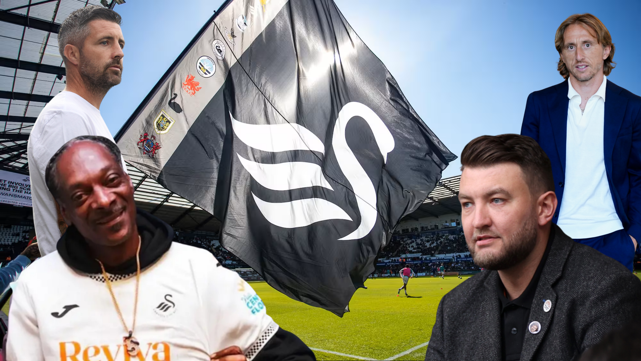 Swansea City head coach Alan Sheehan, rapper Snoop Dogg, midfielder Luka Modric and Swansea City CEO Tom Gorringe