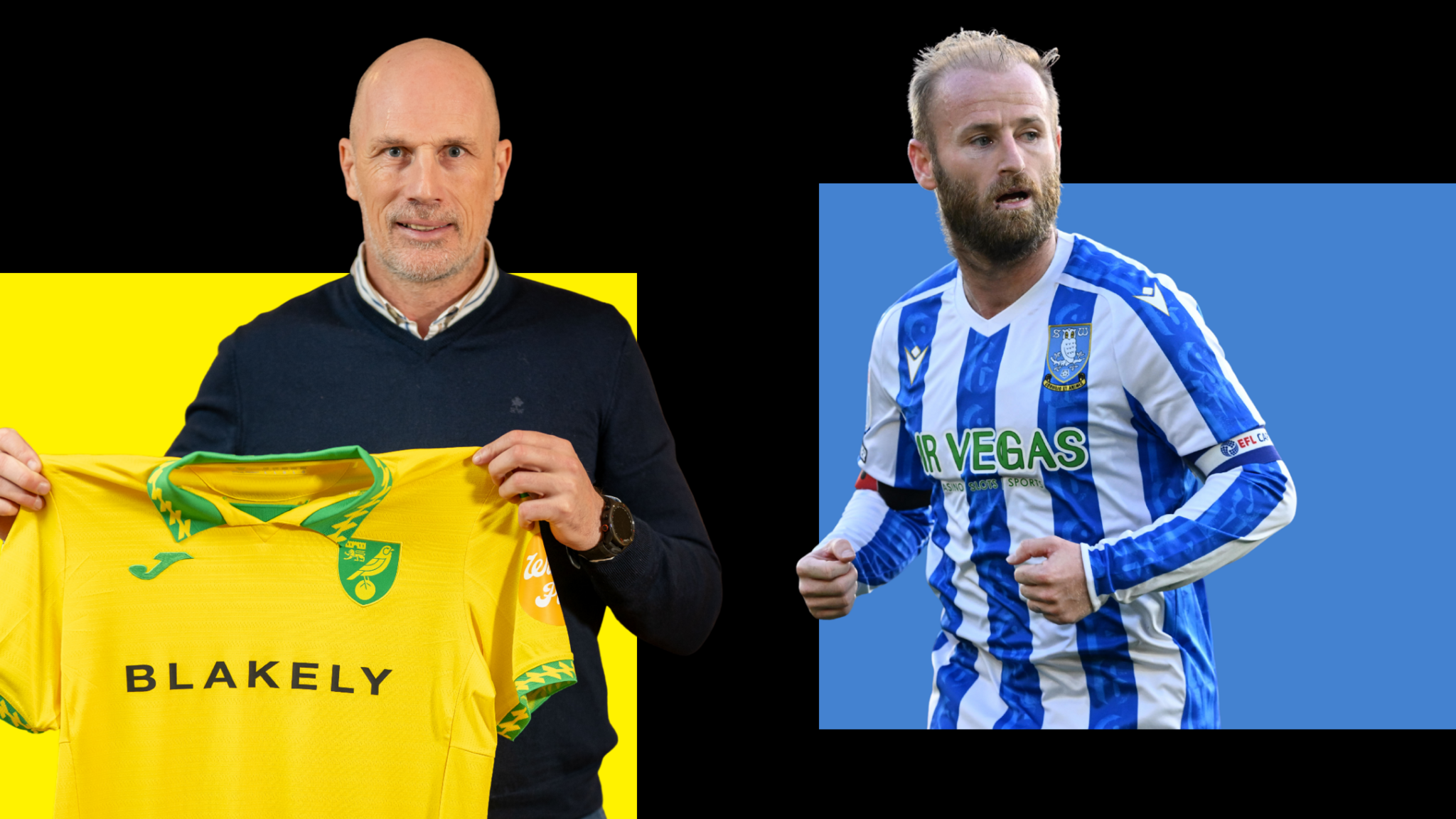 Spilt image showing new Norwich manager Philippe Clement holding up a shirt and Barry Bannan in action for Sheffield Wednesday