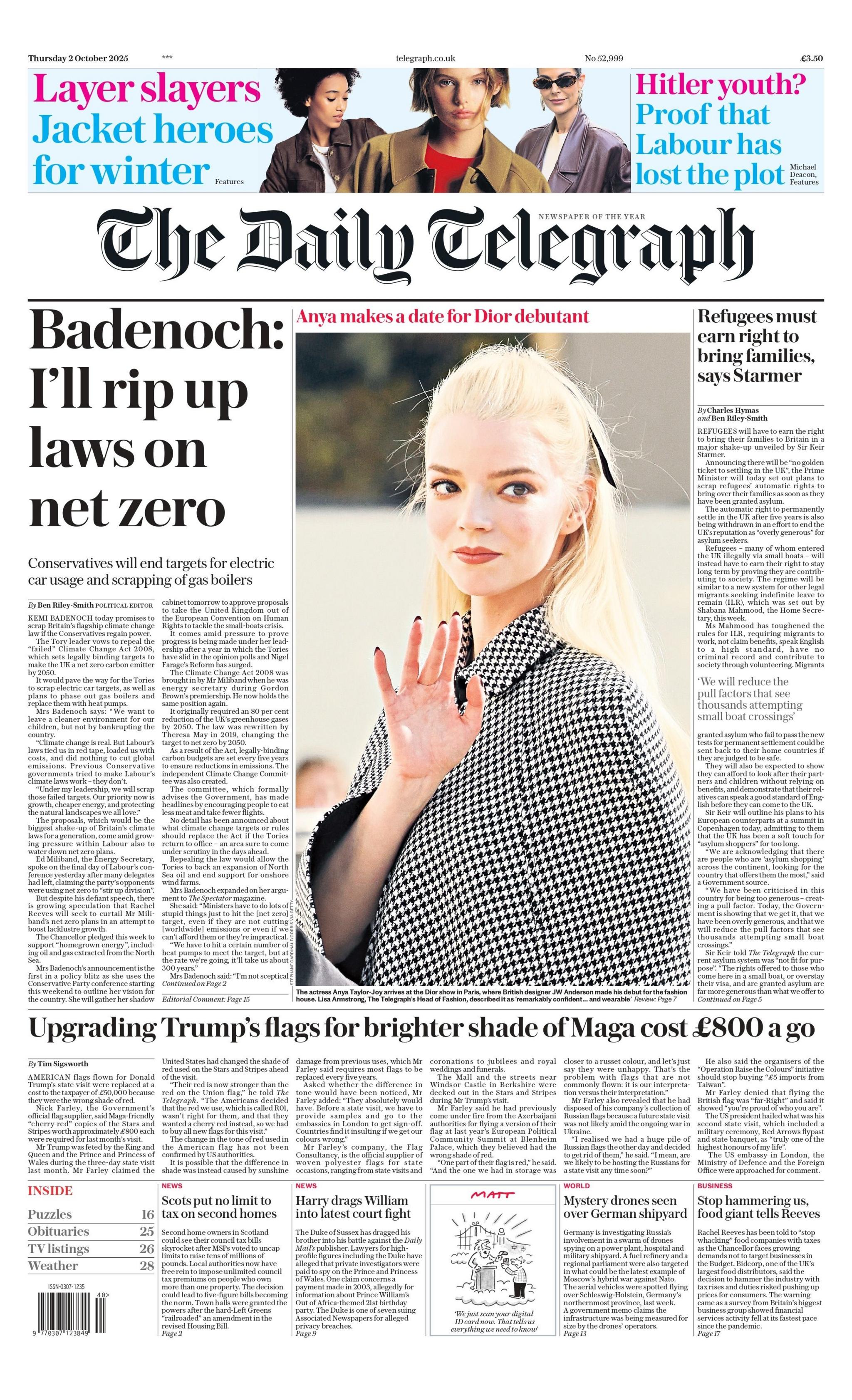 The headline on the front page of the Daily Telegraph reads: "Badenoch: I'll rip up laws on net zero". 