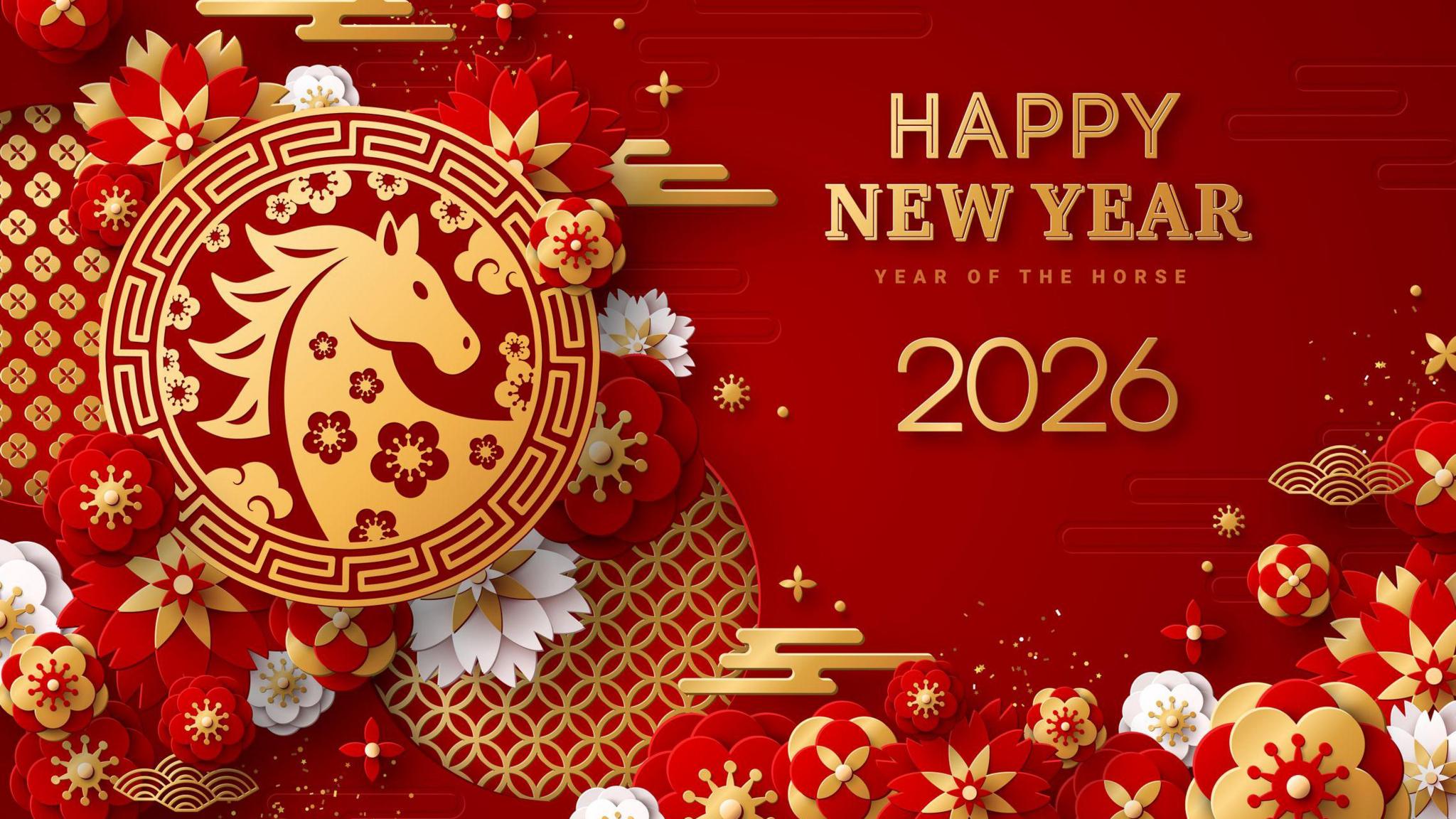happy new year of the horse, in red and gold.