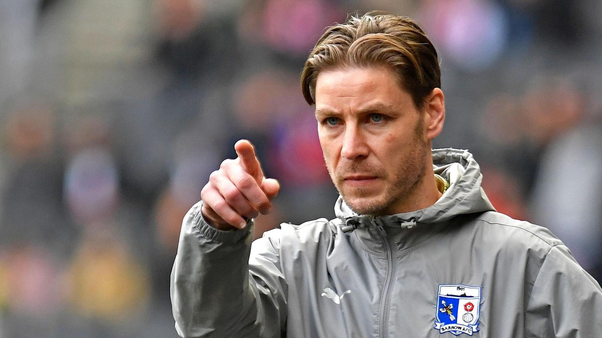 Sam Foley on the touchline during Barrow's League Two fixture at MK Dons recently