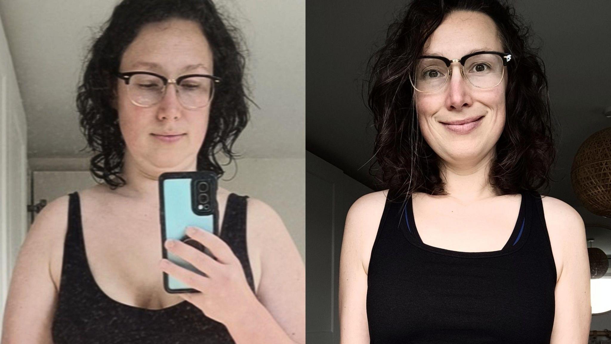 Alix in side-by-side 'before and after' pictures - in the left side picture she wears a black top and is visibly larger in a selfie, in the right side picture she has lost weight and wears a black vest top 