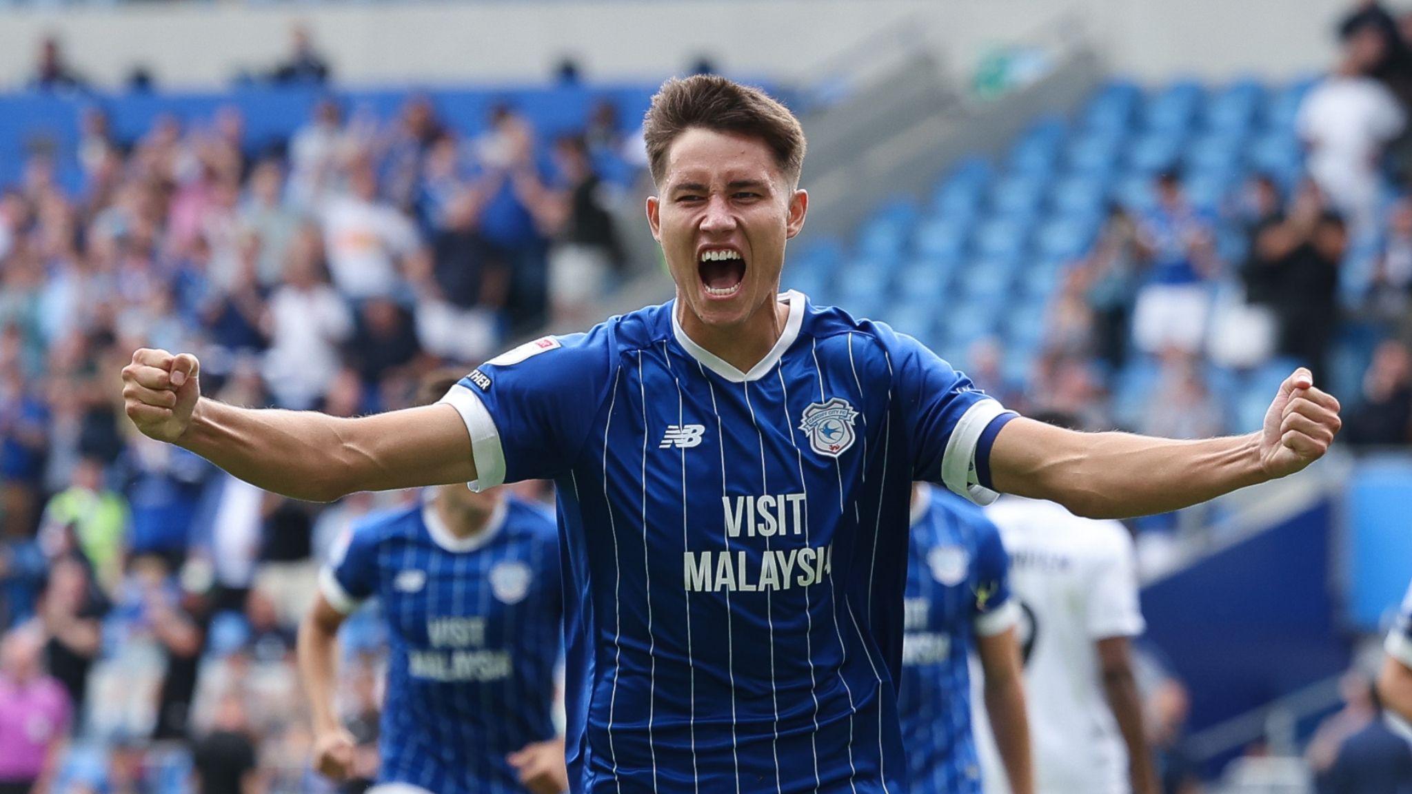 Rubin Colwill celebrates scoring for Cardiff City