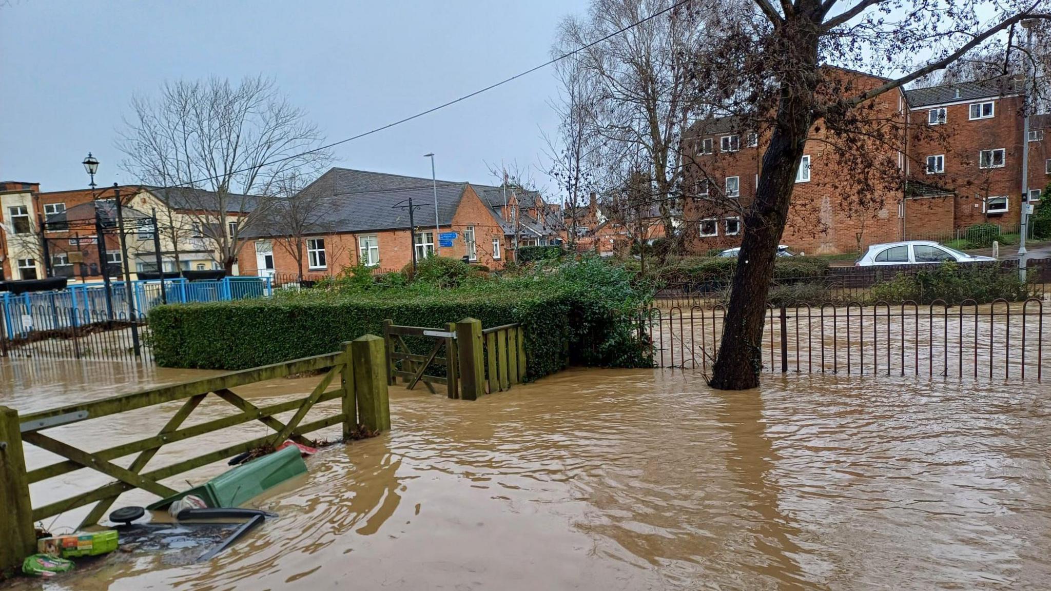 Flooded streets in Syston.