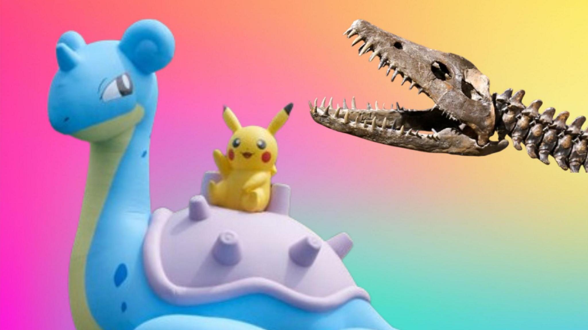 Lapras being ridden by a Pikachu with a Plesiosaur fossil