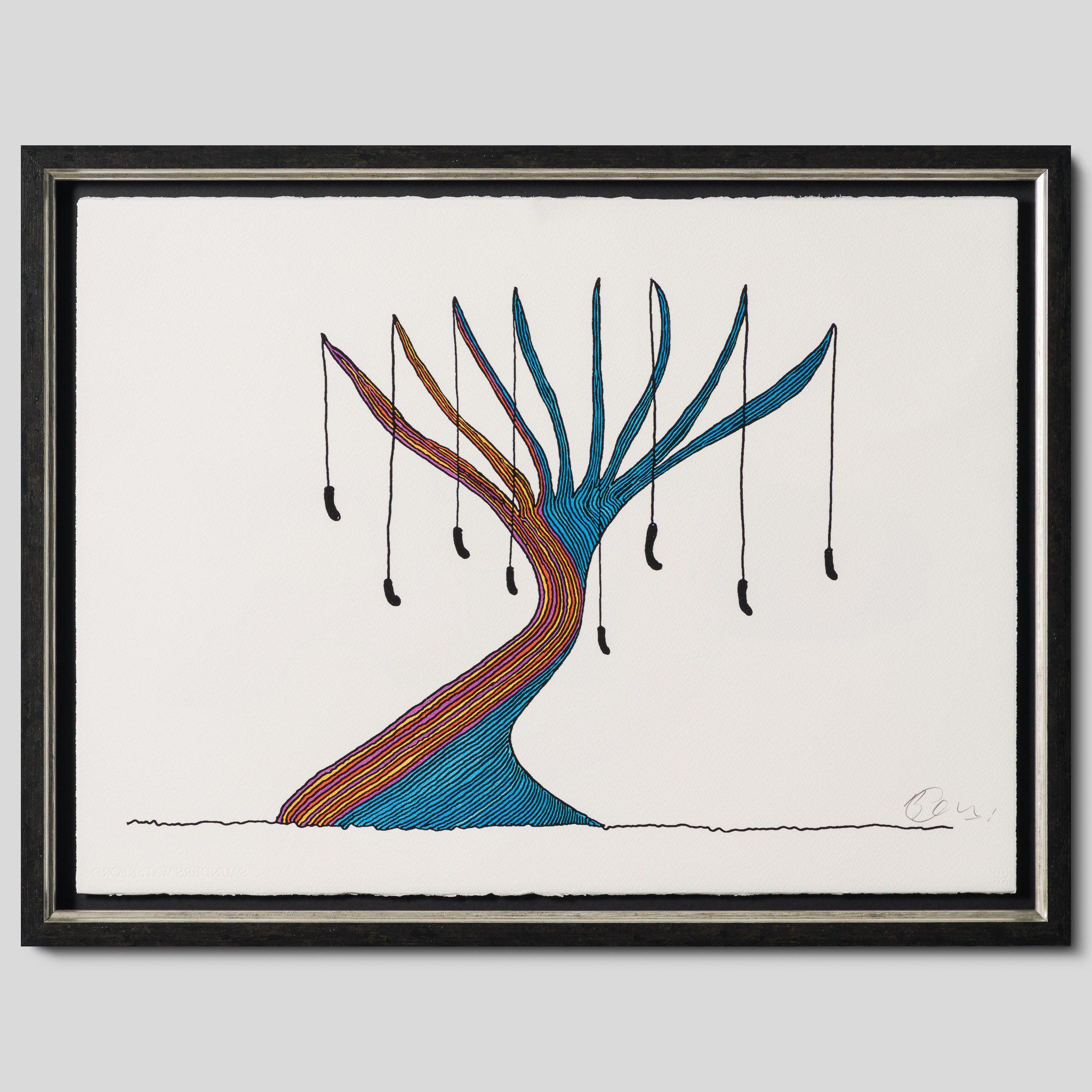 The Sausage Tree shows a tree with eight branches which spiral up from the trump. The trunk is half brown and half blue . From the top tip of each branch there is a line which ends with a sausage-like shape dangling at the ened.