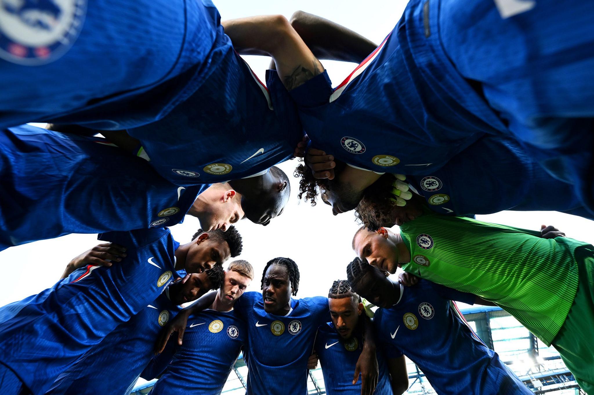 Chelsea's Trevoh Chalobah speaks to his team mates in a huddle prior to the pre-season friendly match between Chelsea and Bayer Leverkusen at Stamford Bridge. Photo by Darren Walsh