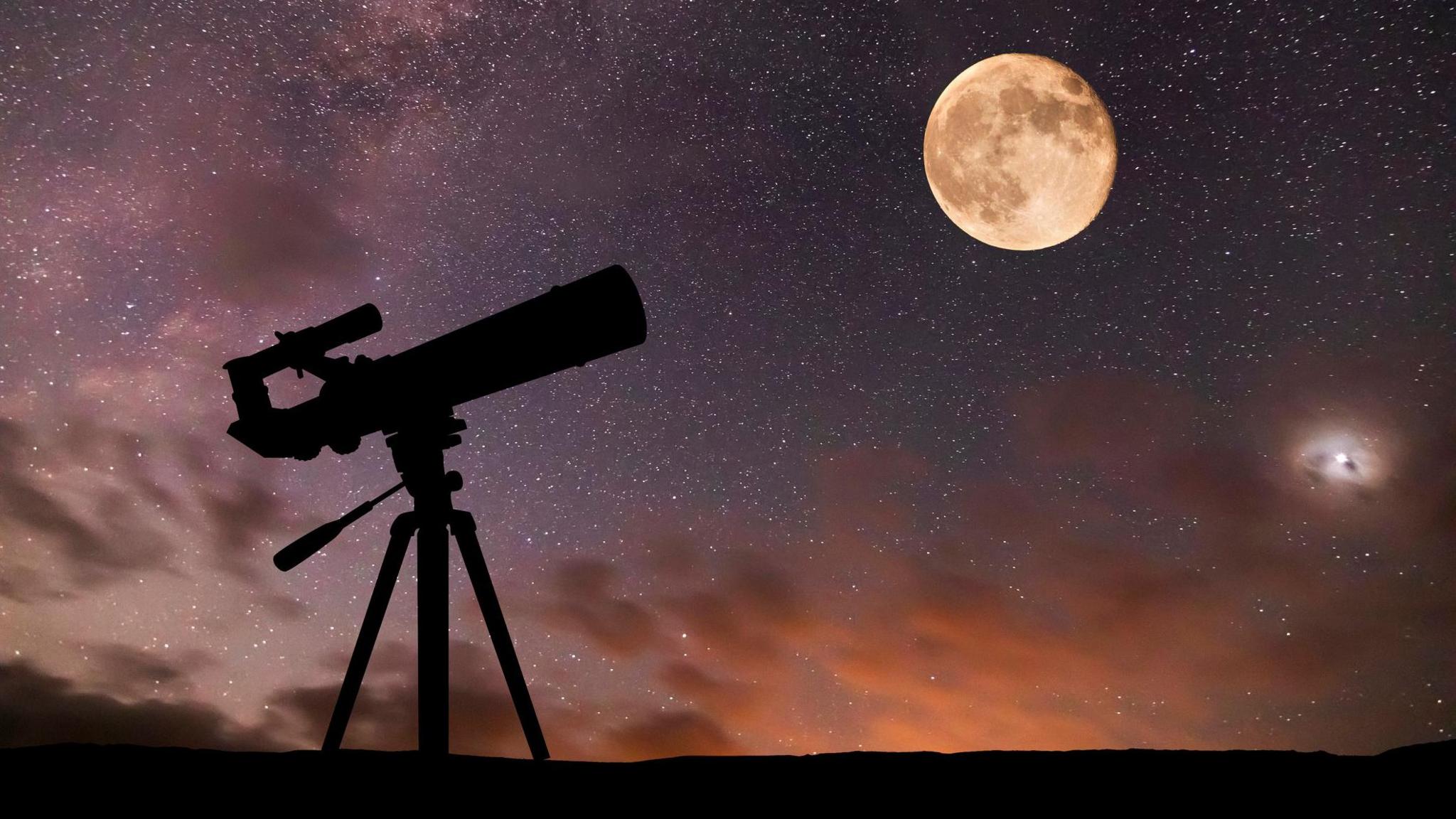 telescope silhouette and a starry sky with full moon