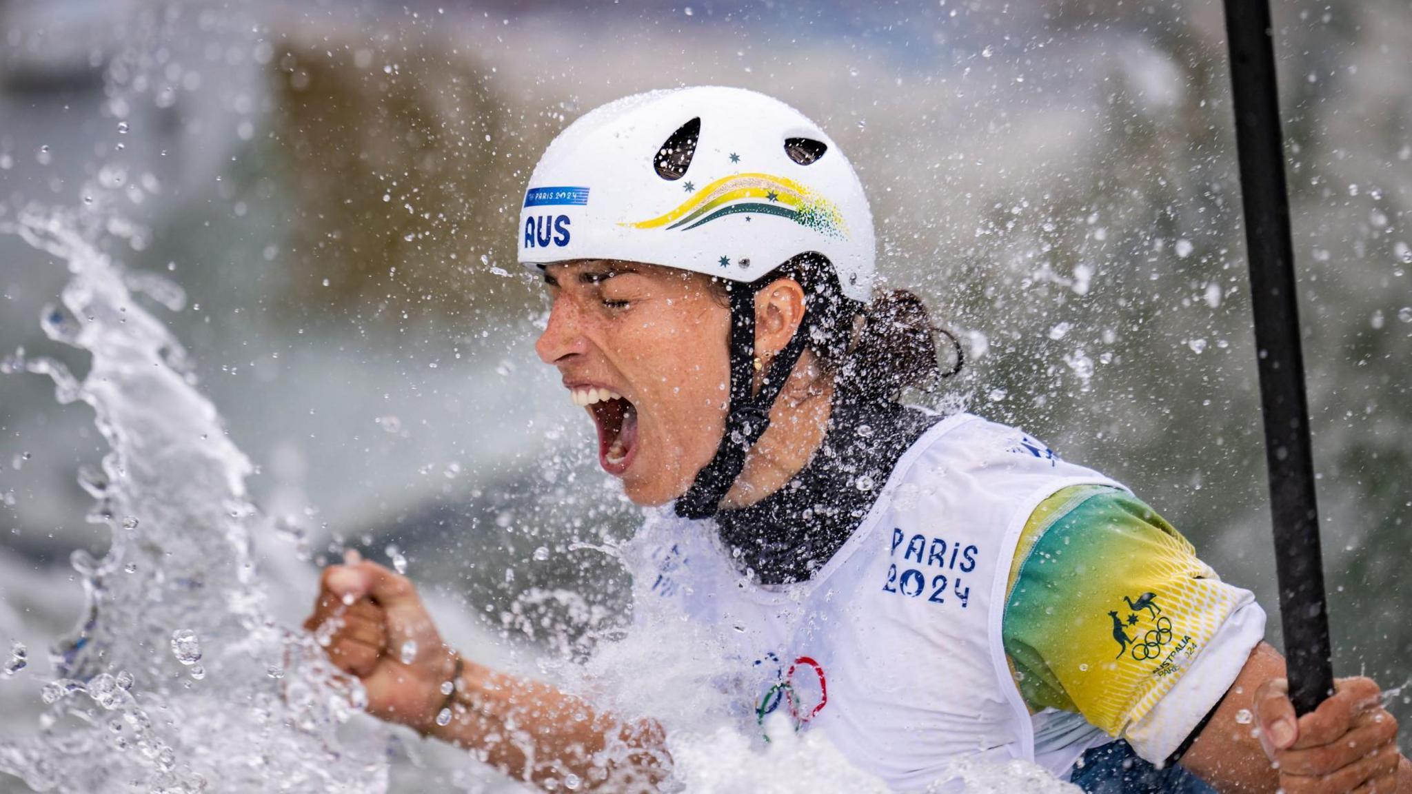 Jessica Fox celebrates following her Canoe single final run