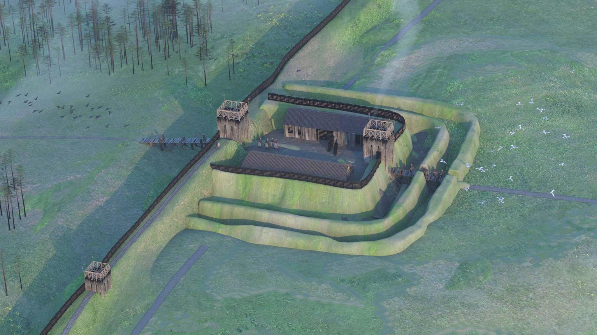 The illustration shows a square shaped lay-out and structures. There are three defensive turf walls around the fortlet. The fortification is on the Antonine Wall. There are fields and woodland nearby.