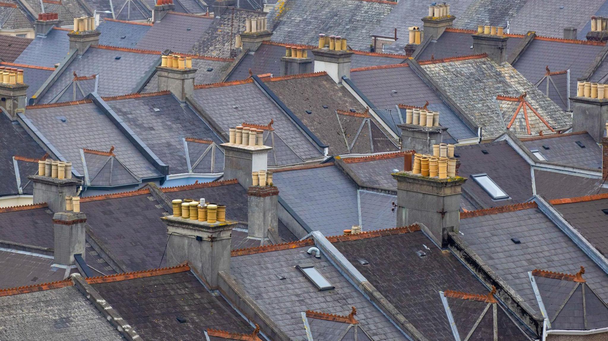 A large number of grey slated roofs with tall chimneys.