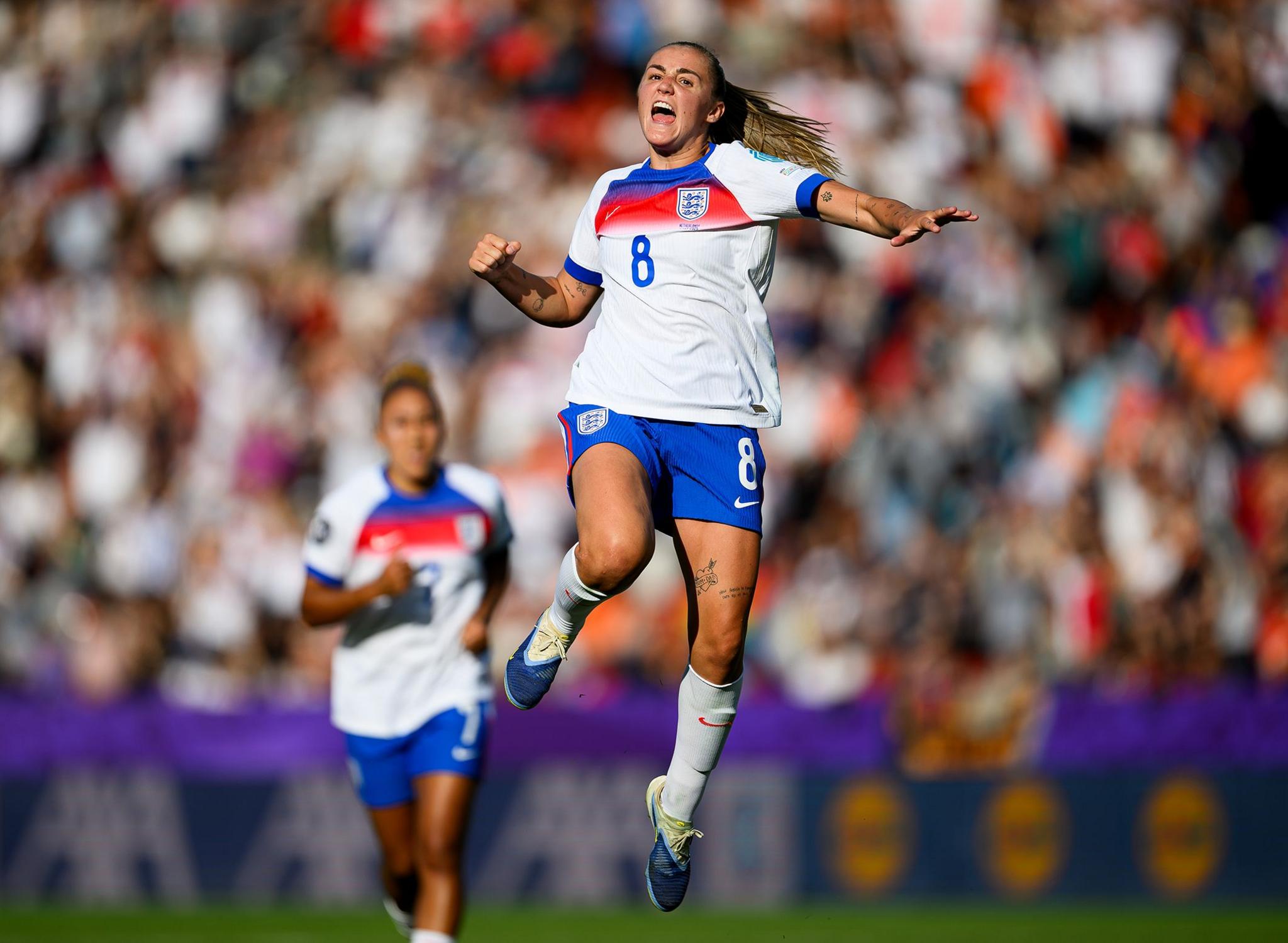 England's Georgia Stanway celebrates scoring her team's second goal during the match between England and Netherlands in Zurich. Photo by Matthias Hangst