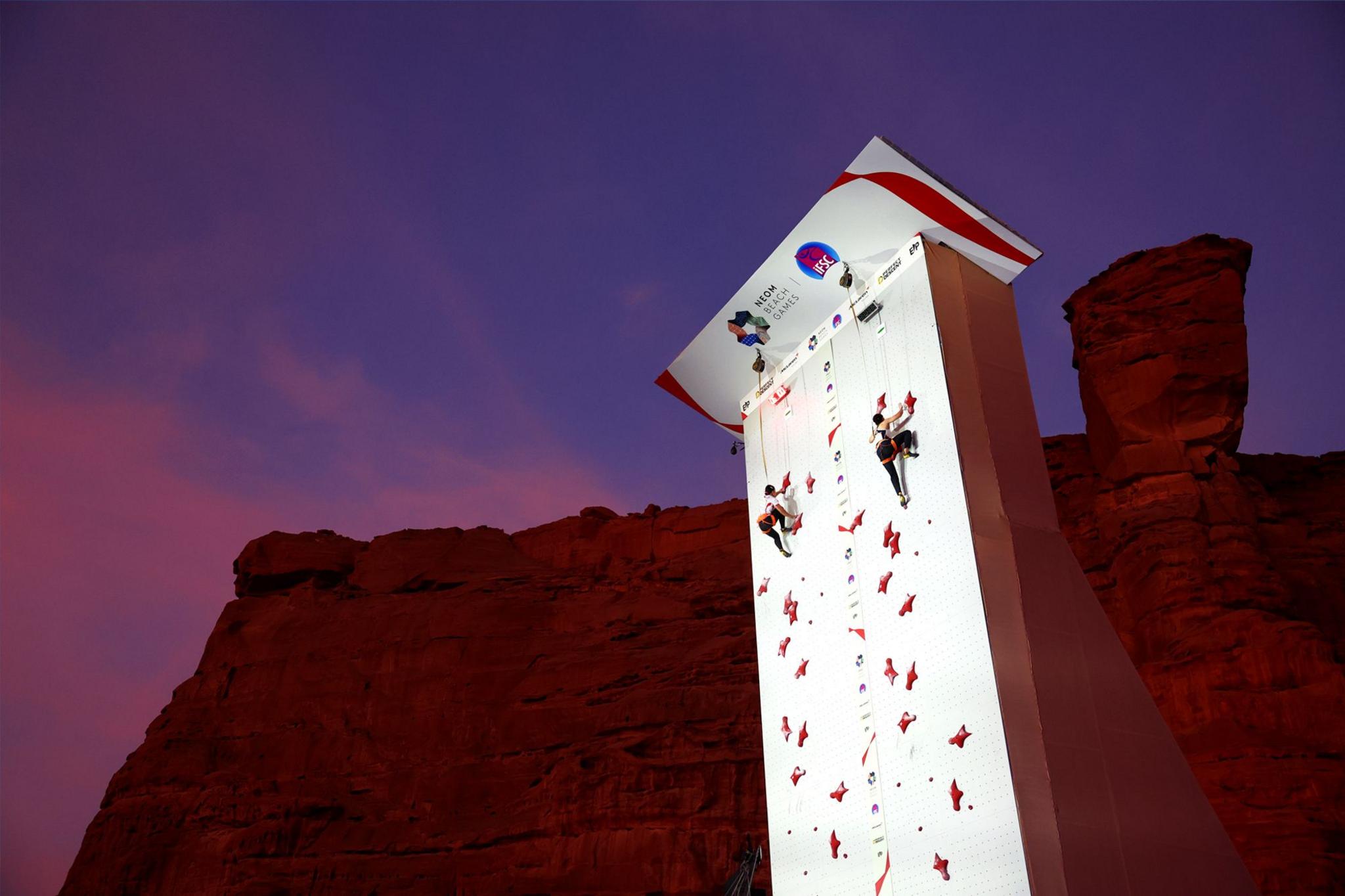 Desak Made Rita Kusuma Dewi of Team Indonesia (L) and Jimin Jeong of Team South Korea during Speed Climbing Women's Qualification on Day Eleven of the Neom Beach Games on 13 November 2024 in Neom, Saudi Arabia.