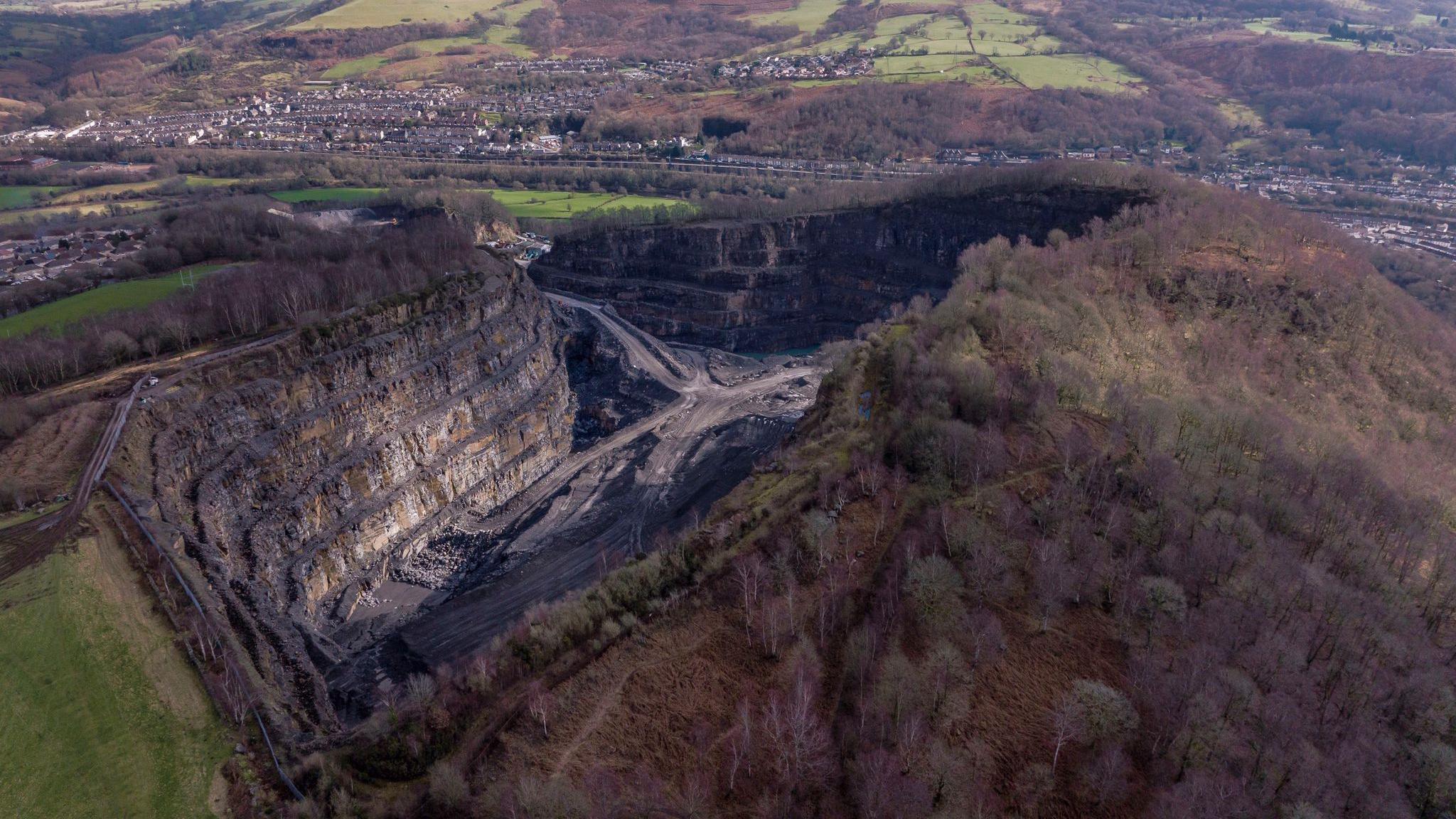 Aerial view of Craig-yr-Hesg quarry in Pontypridd