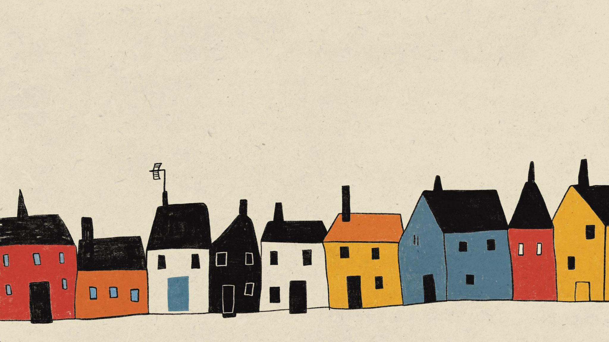 A row of cartoon houses in red, orange, white, black, blue and yellow. They are against a cream background.