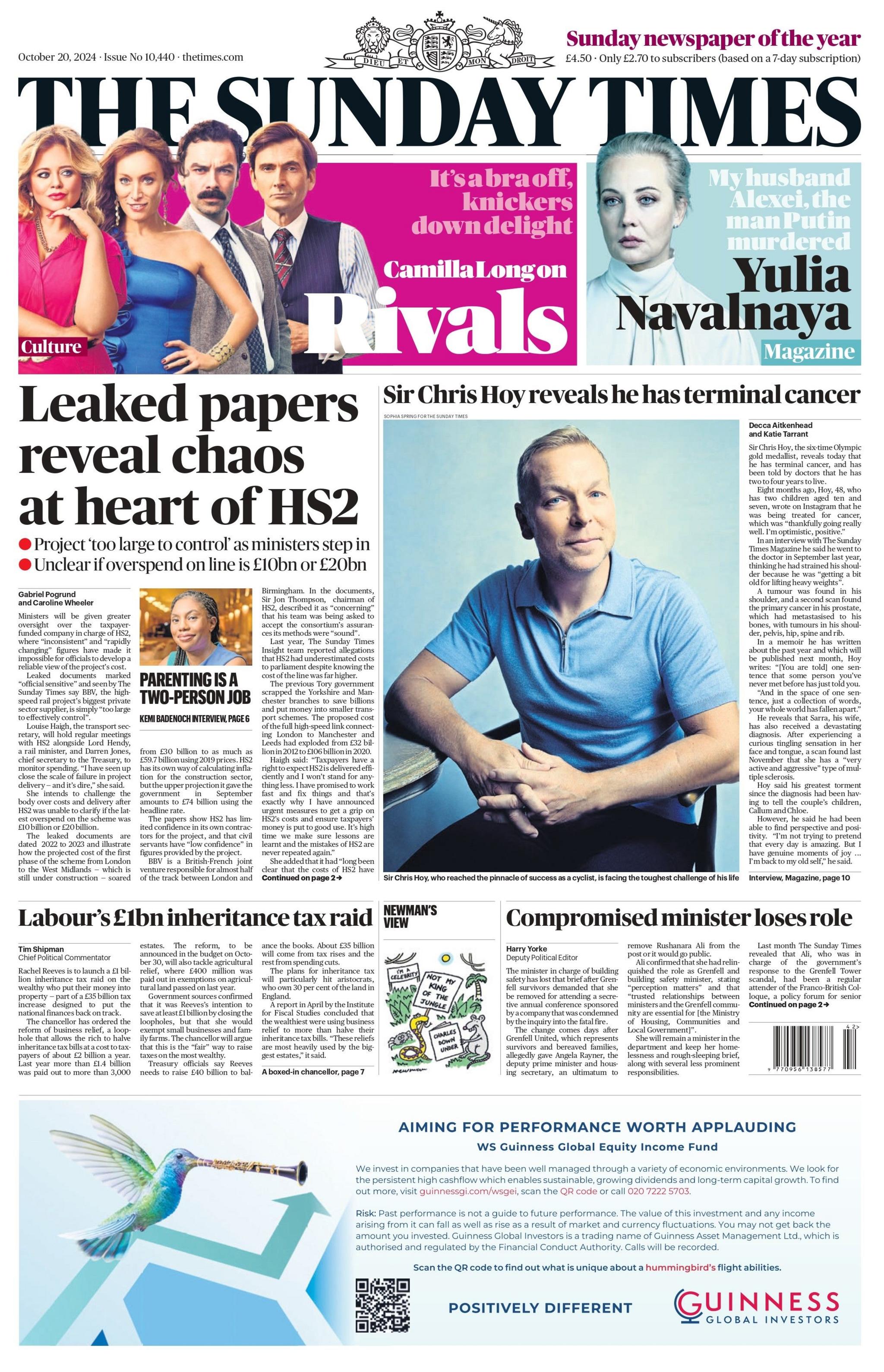 The Times headline reads: "Leaked papers reveal chaos at heart of HS2"