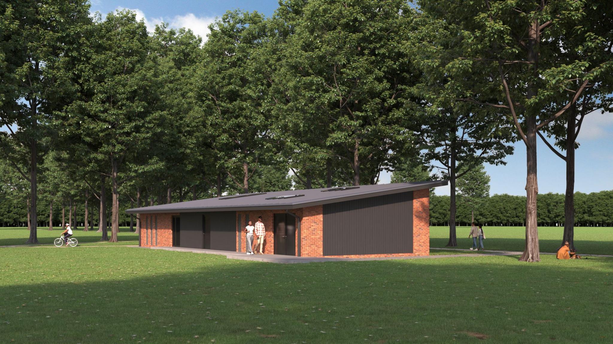 Artist's impression of the sports pavilion in the middle of a field surrounded by trees