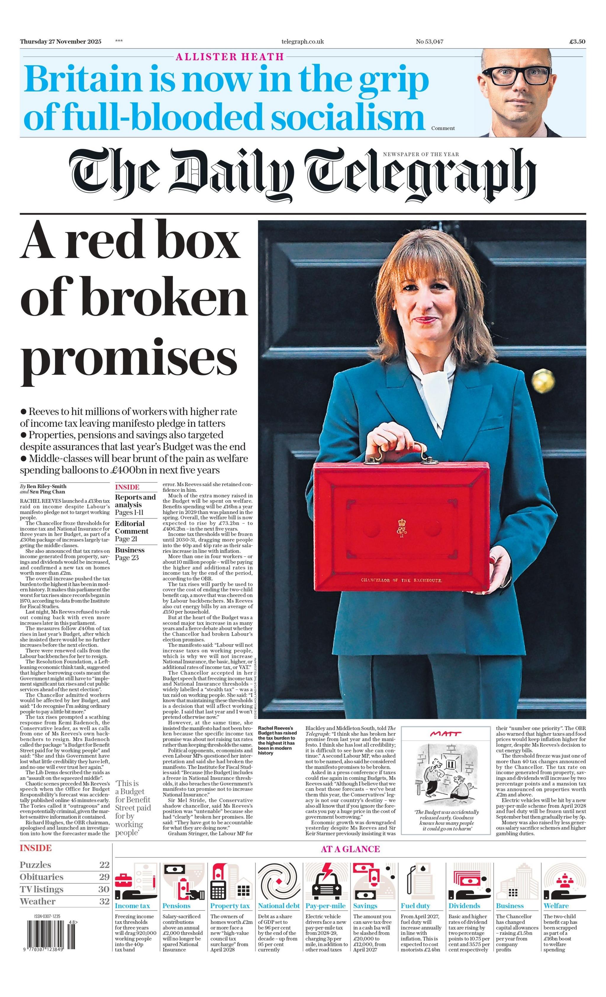 "A red box of broken promises," reads the headline on the front page of the Daily Telegraph.