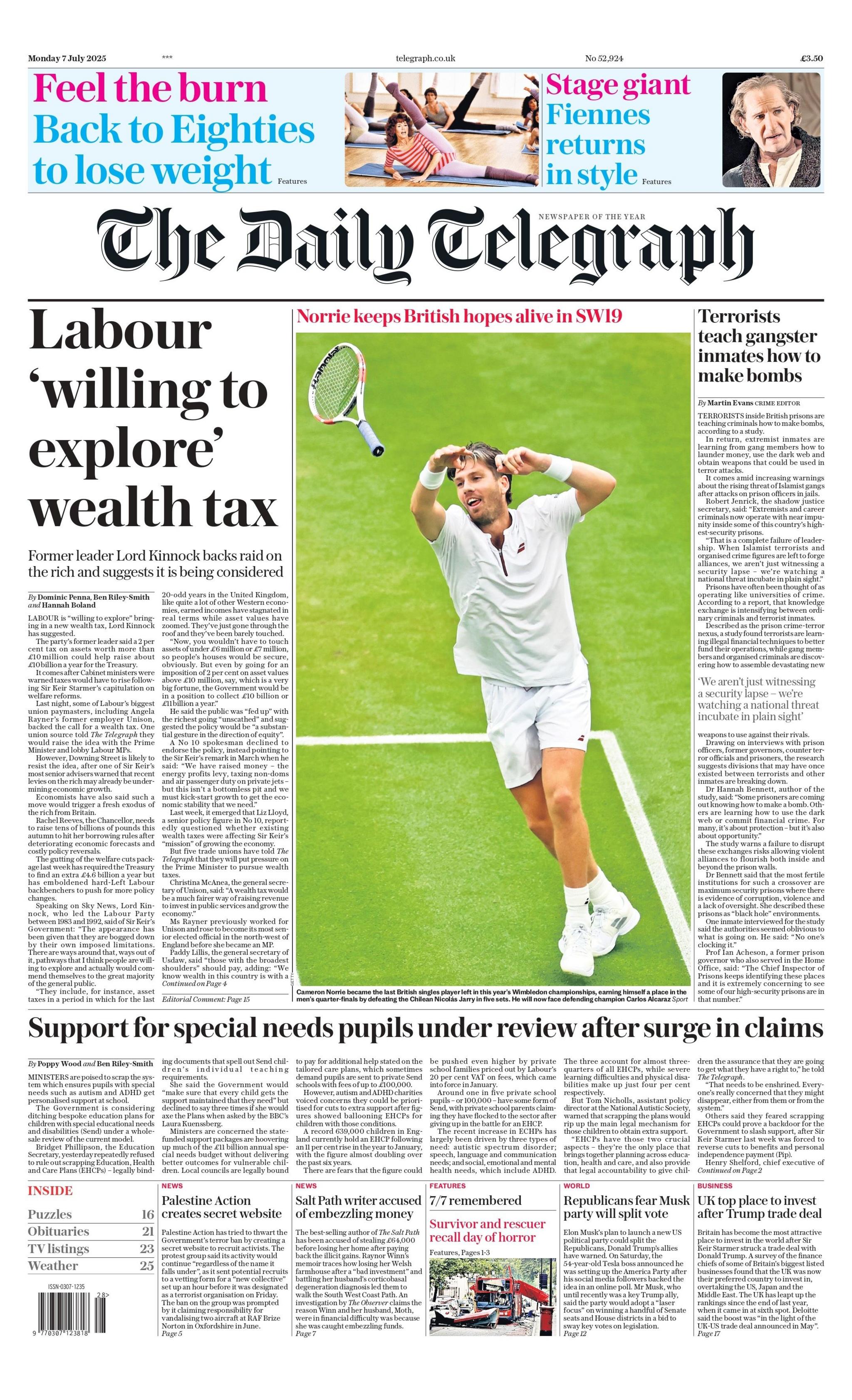 The Daily Telegraph front page, with Labour is "willing to explore" a wealth tax above a story on the special needs review.