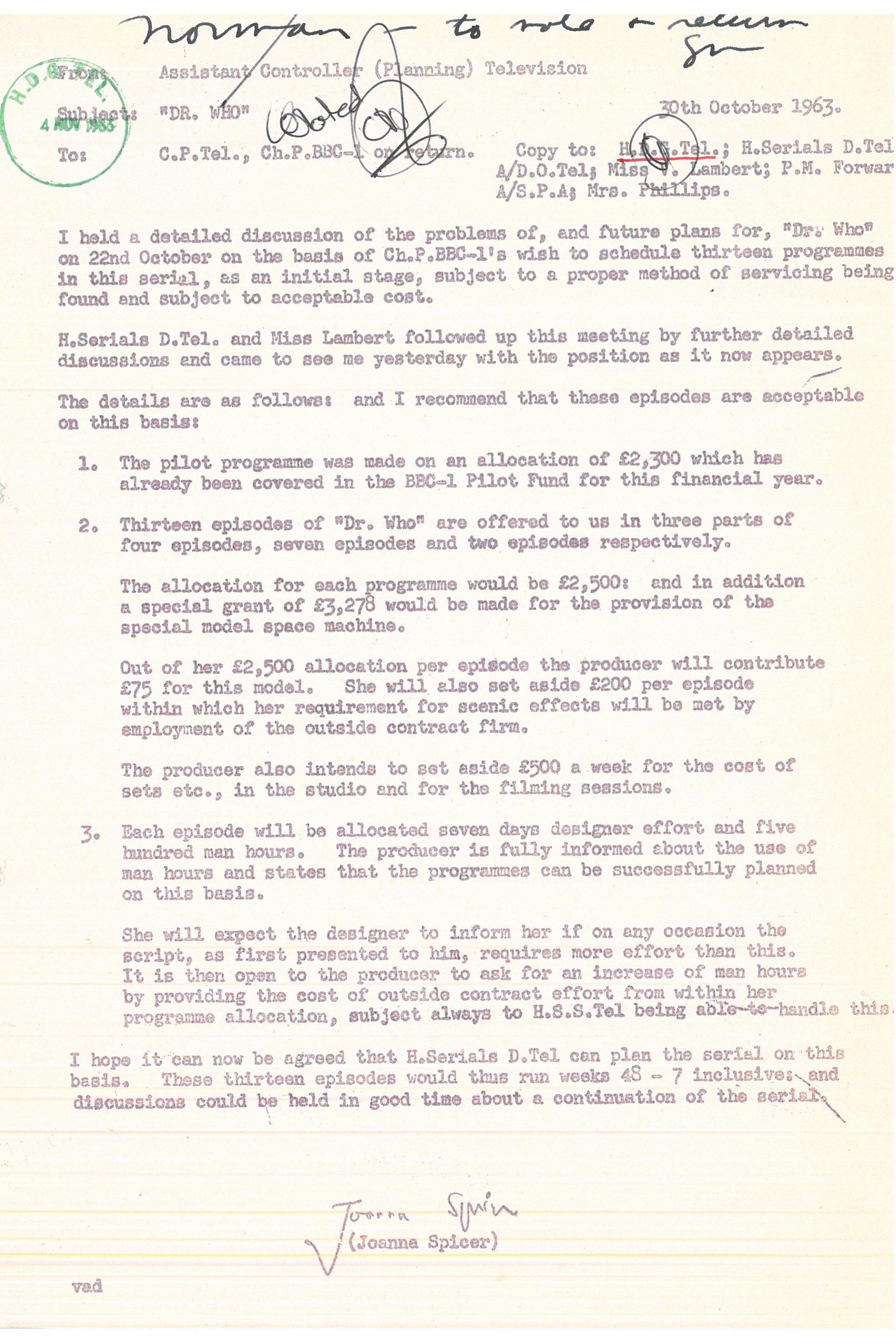 A typewritten document outlining the 'problems of and future plans for Doctor Who', signed by Joanna Spicer