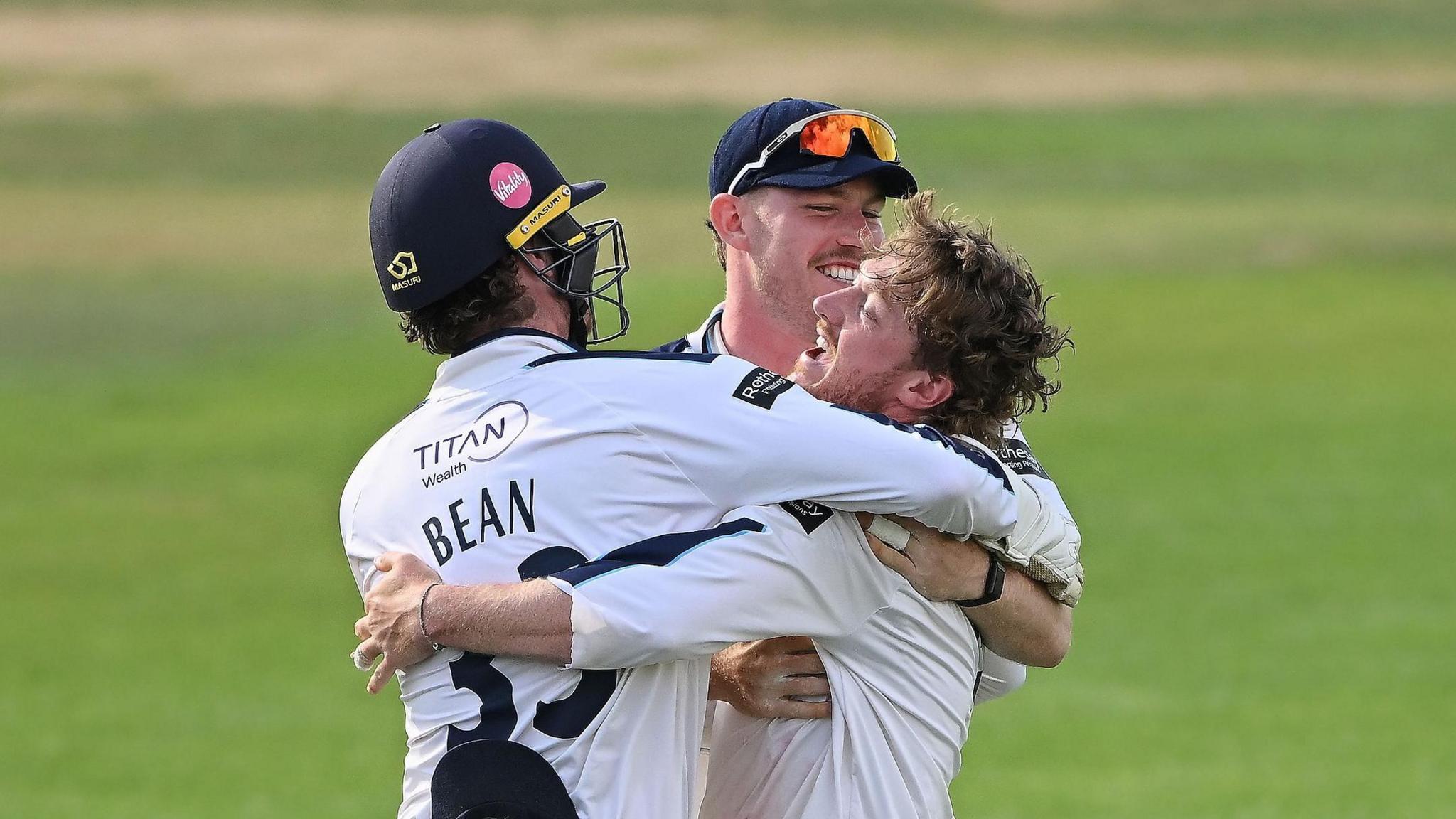 Dom Bess (right) celebrates with Yorkshire teammates against Hampshire