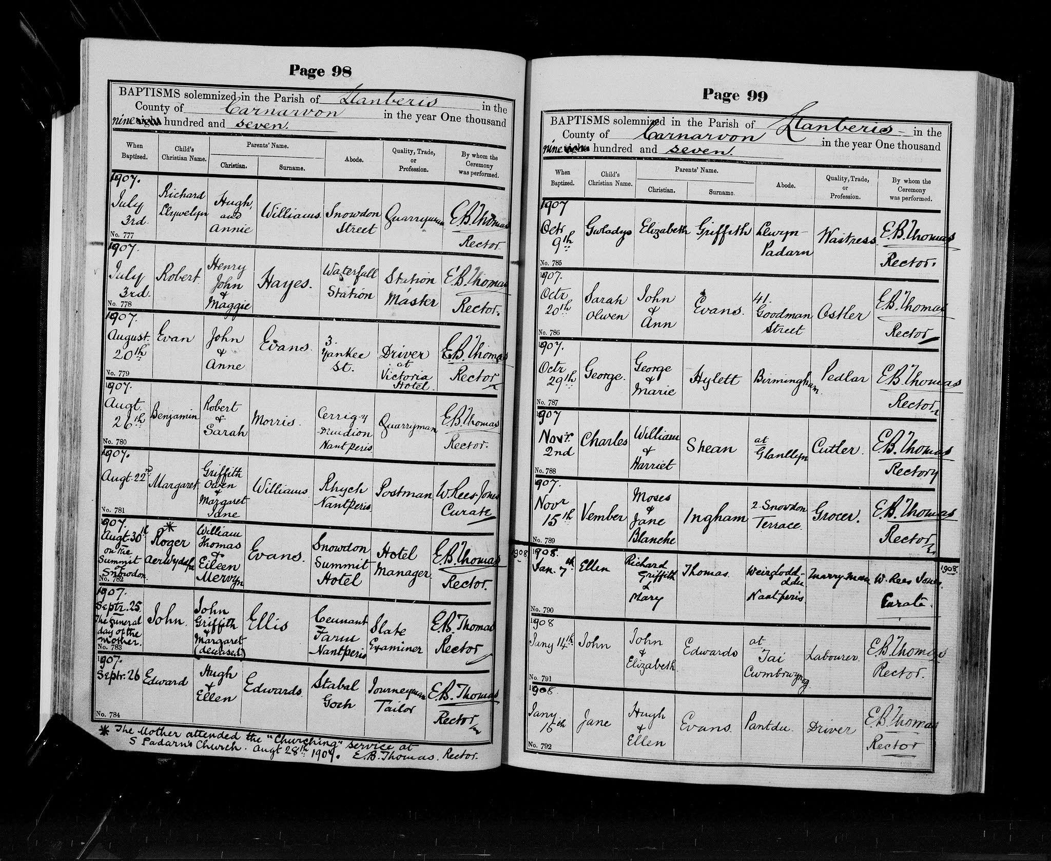 cofnodion bedydd plwyf Llanberis o 1907 