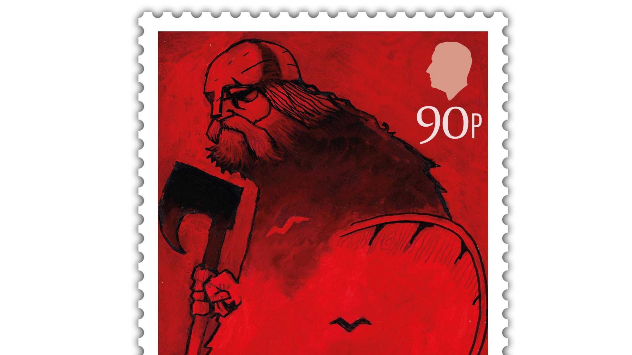 An illustration of a Viking with a long beard and hair holding an axe and shield. The illustration is drawn in black on a red canvass and the stamp is marked 90p.