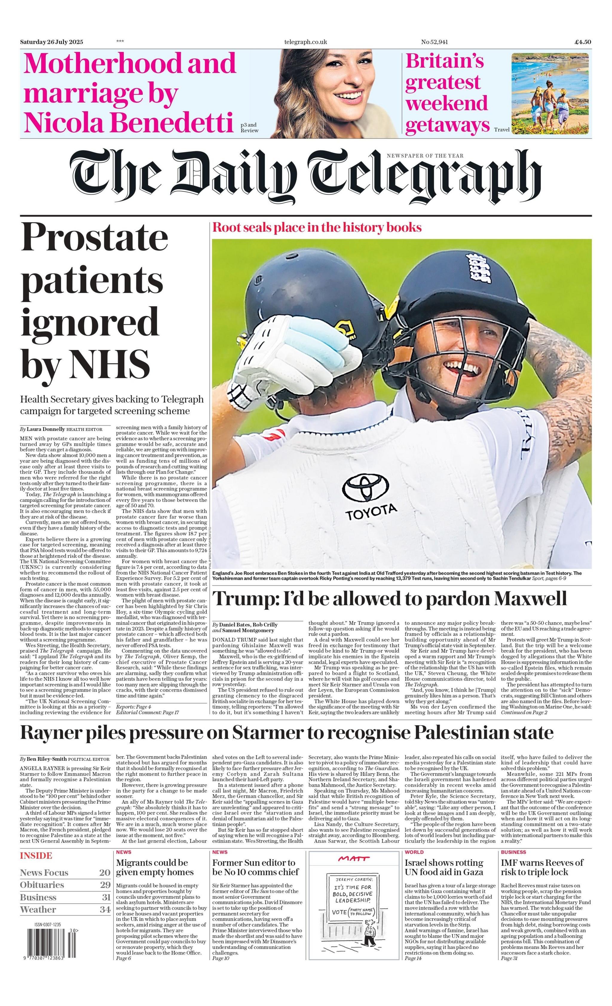 The main image on the Daily Telegraph front page is of English cricketer Joe Root embracing Ben Stokes in the fourth Test against India. Both are wearing helmets and white cricket uniforms. 