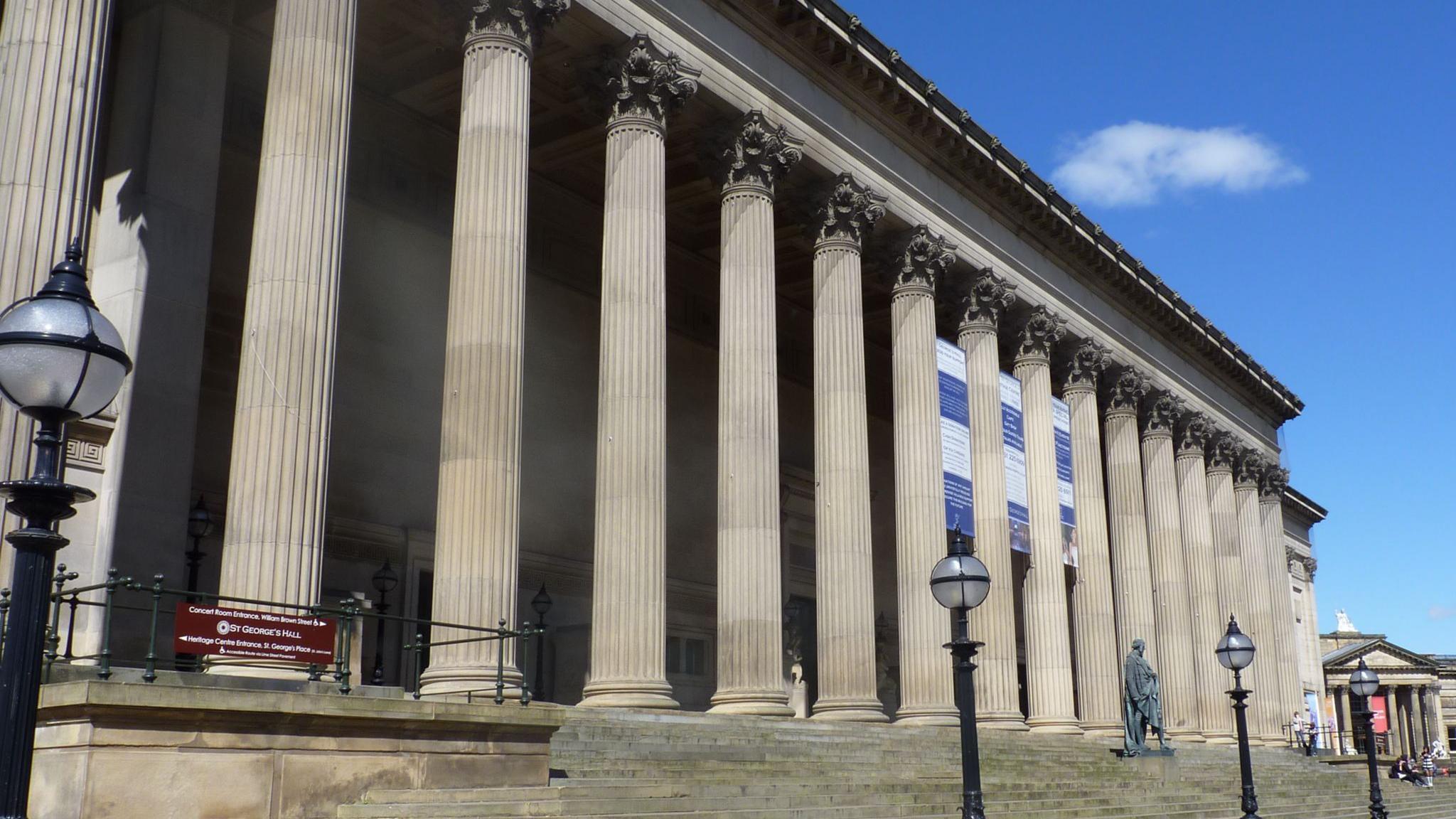 Concert hall St George's Hall neo classical building. A building with columns and steps. 
