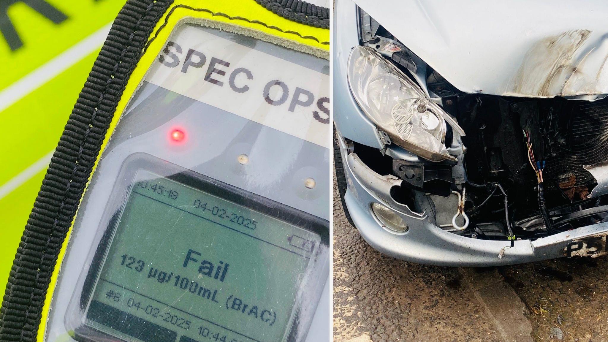 On the left, a close-up of a breath test machine, showing a fail. On the right, close-up of the front of a Peugeot hatchback car which has the front smashed.