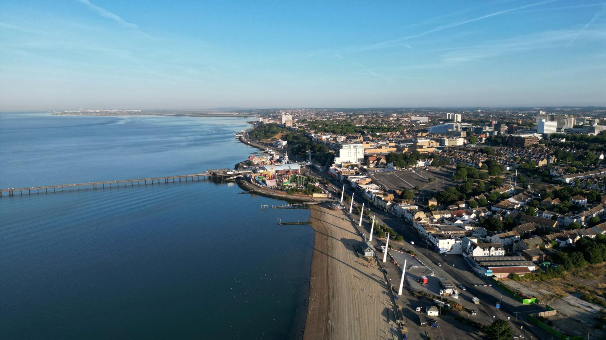 Aerial view of the beachfront and pier at Southend-on-Sea