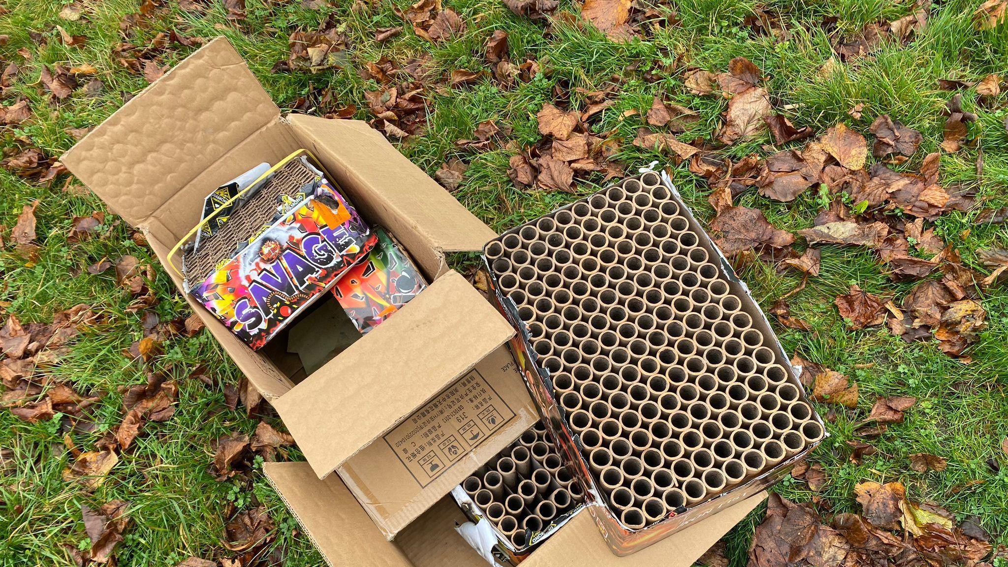 A discarded cardboard box of fireworks, including a brightly coloured one labelled SAVAGE, lying on grass surrounded by leaves