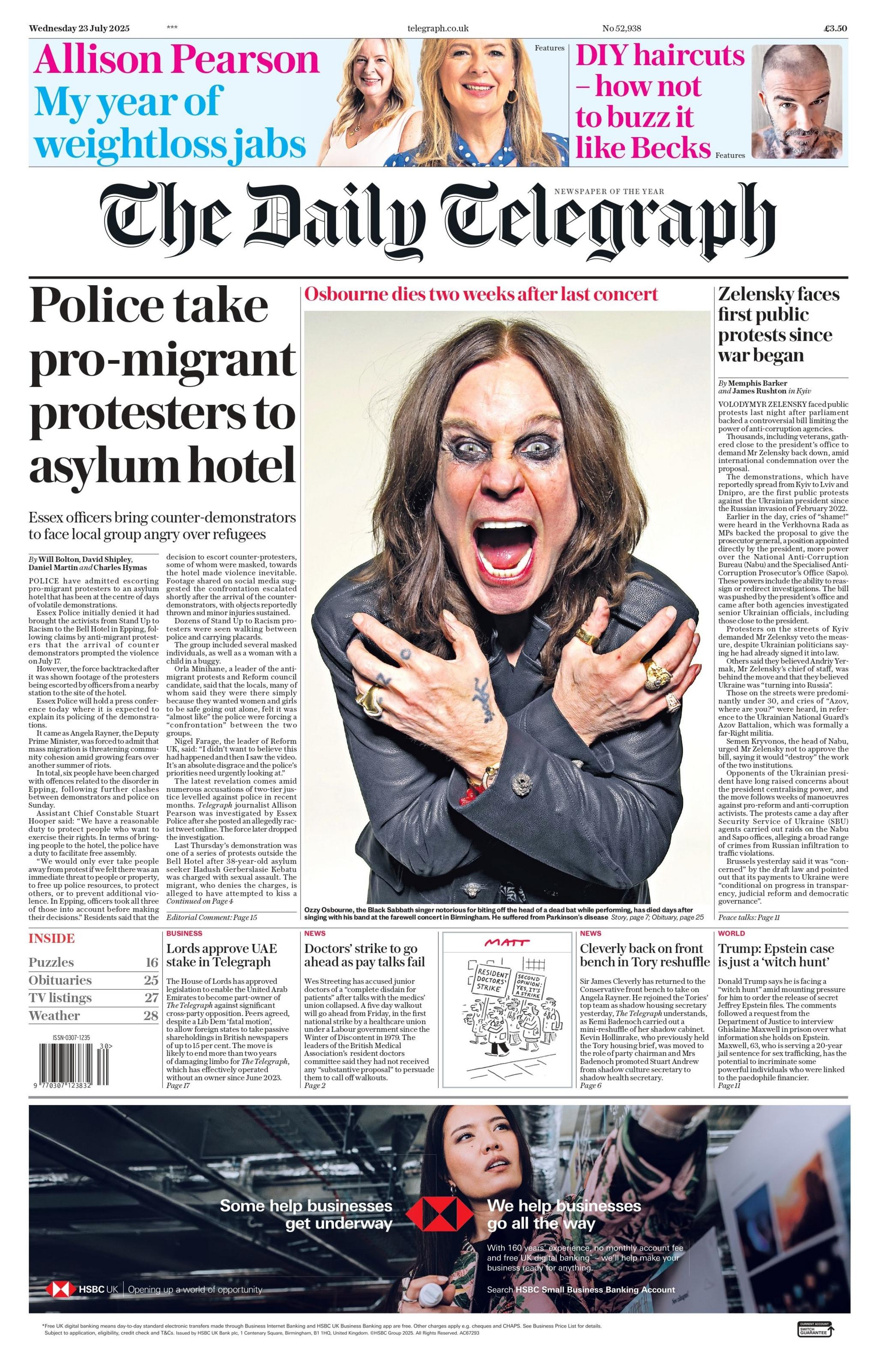 The headline on the front page of the Daily Telegraph reads: "Police take pro-migrant protesters to asylum hotel".