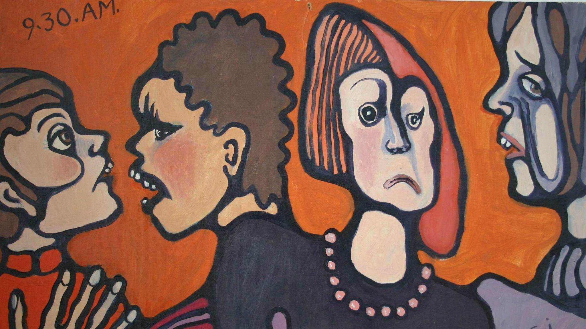 Orange oil painting with four women in two pairs, standing close together and talking or looking glum