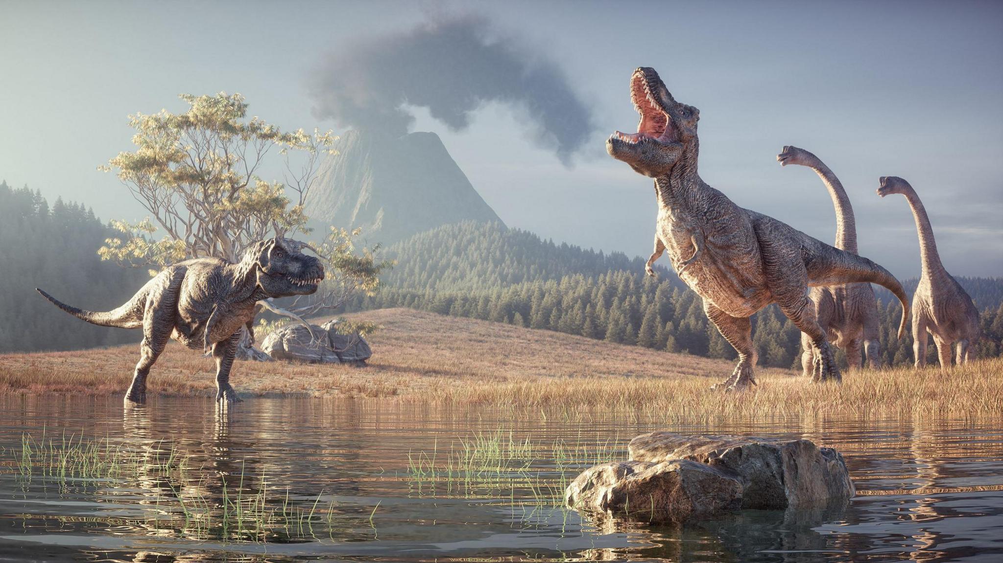 Computer generated image of dinosaurs and a volcano