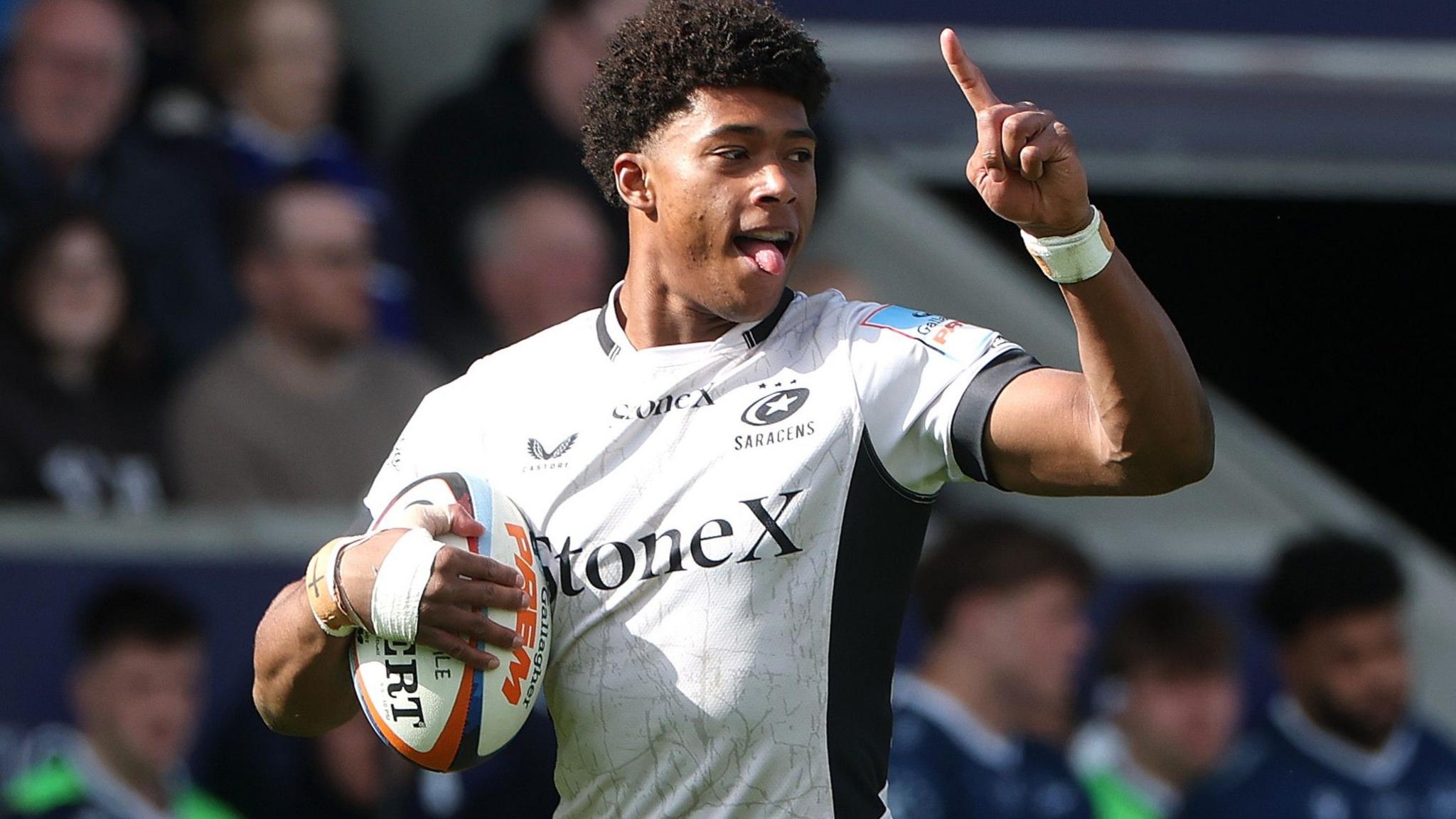 Noah Caluori of Saracens scores a try during the Gallagher PREM match between Sale Sharks and Saracens at CorpAcq Stadium