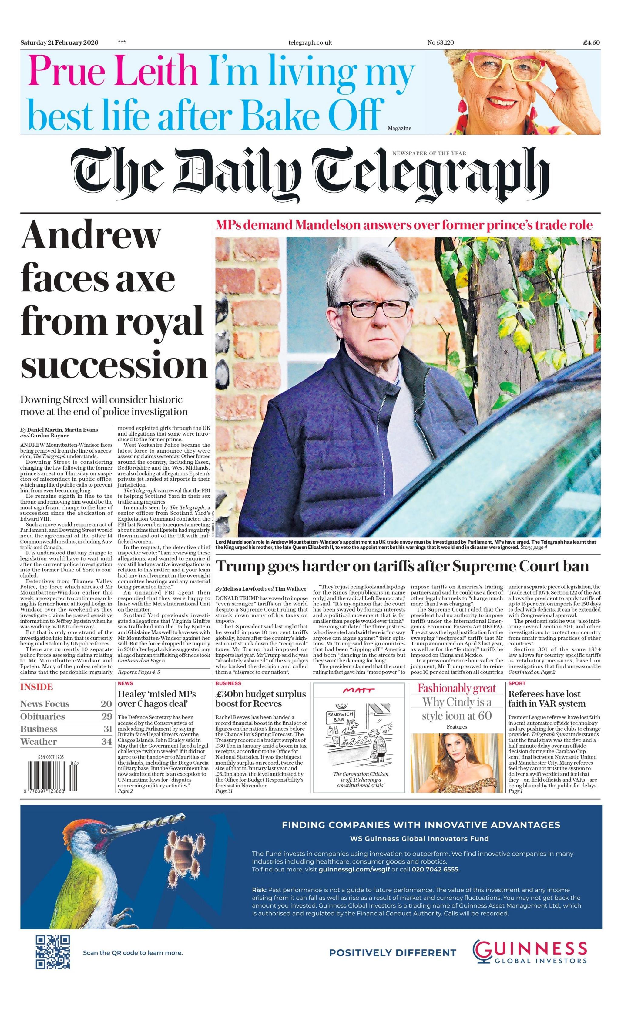 "Andrew përballet me përjashtim nga trashëgimia mbretërore", shkruhet në titullin kryesor në faqen e parë të Daily Telegraph.